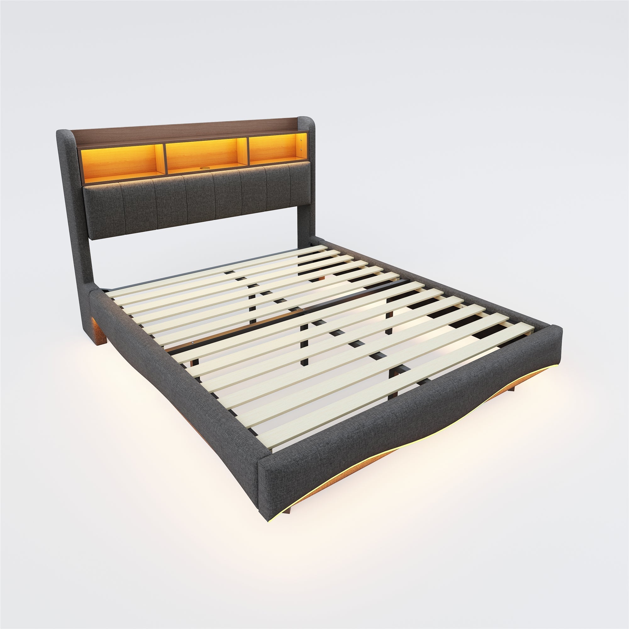 Logidon upholstered bed 140x200 gray with LED light USB storage space