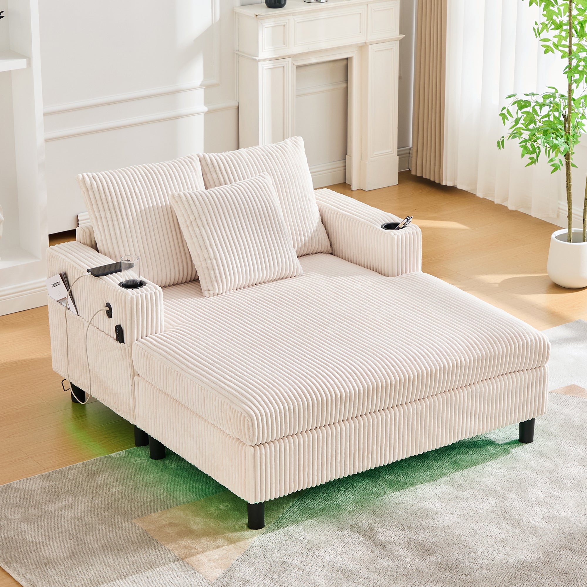 Logidon Chaise Longue Ligstoel Beige Fluweel Met USB LED-verlichting
