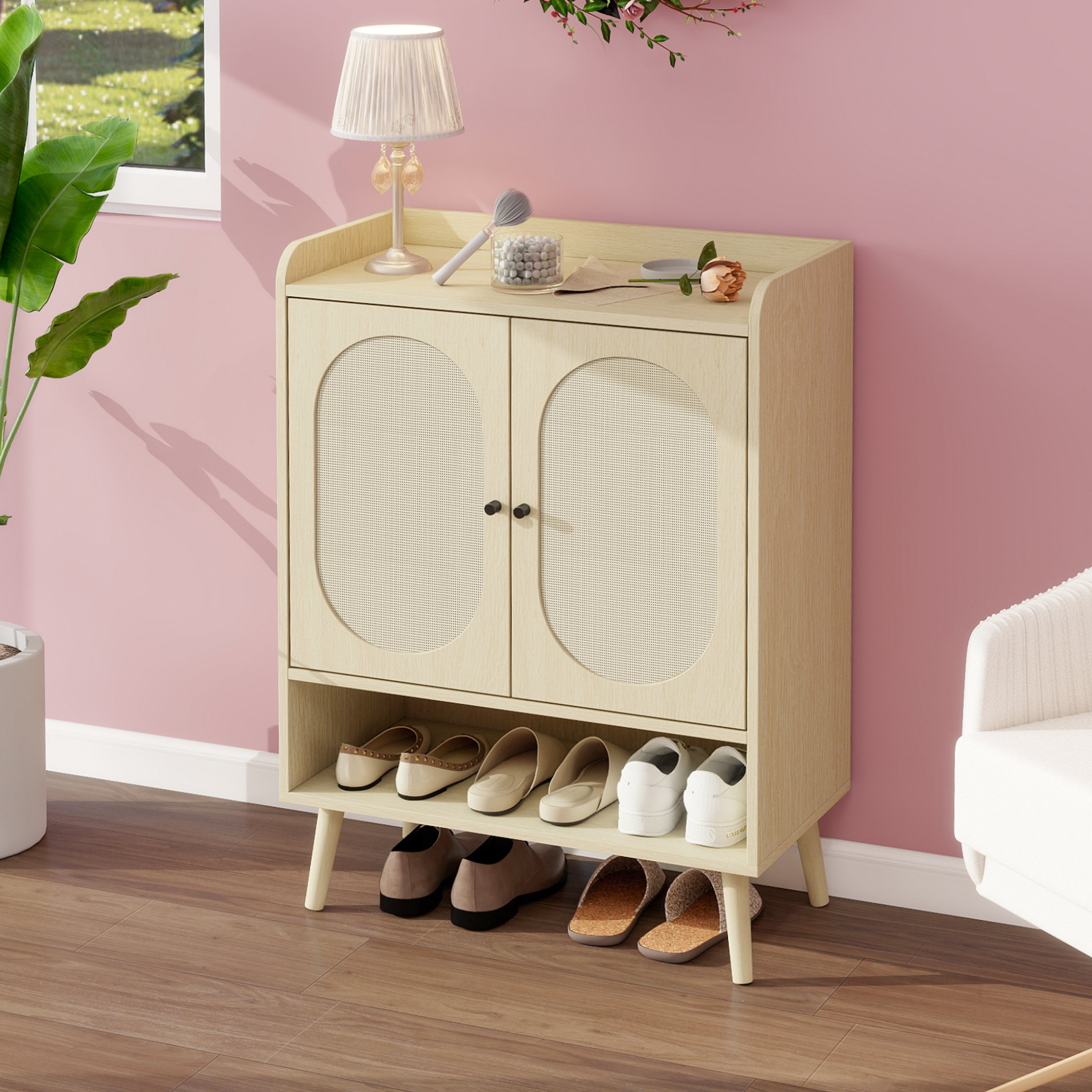 Logidon schoenenkast naturel houtlook met dubbele deuren Rotan design