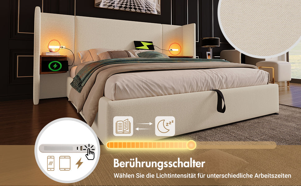 Logidon upholstered bed 160x200 double bed beige linen with storage space