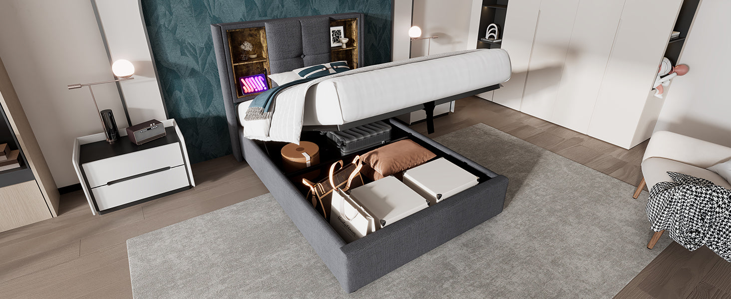 Logidon gestoffeerd bed 90x200 cm grijs met draadloos opladen USB C en opbergruimte