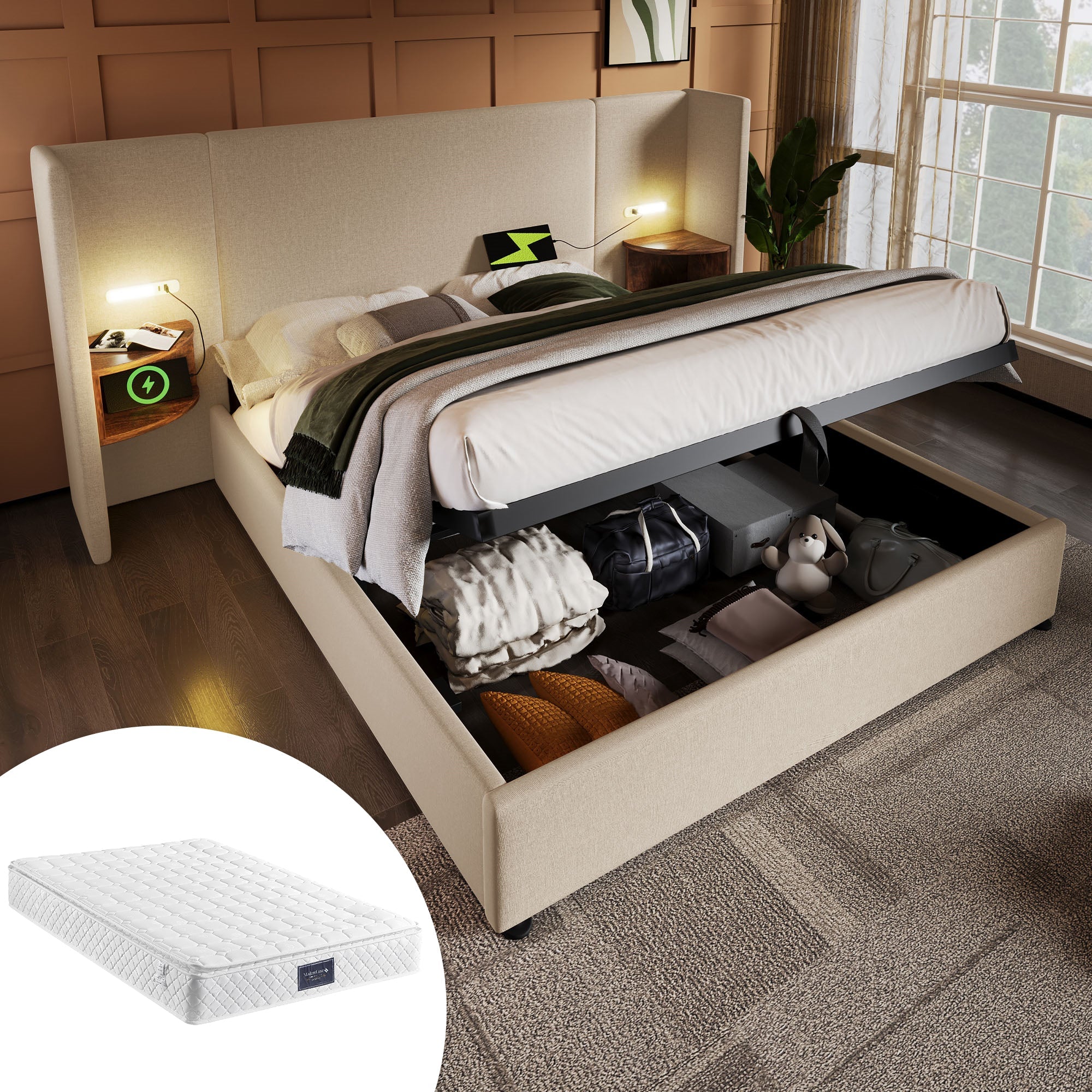 Logidon upholstered bed 160x200 double bed beige linen with storage space