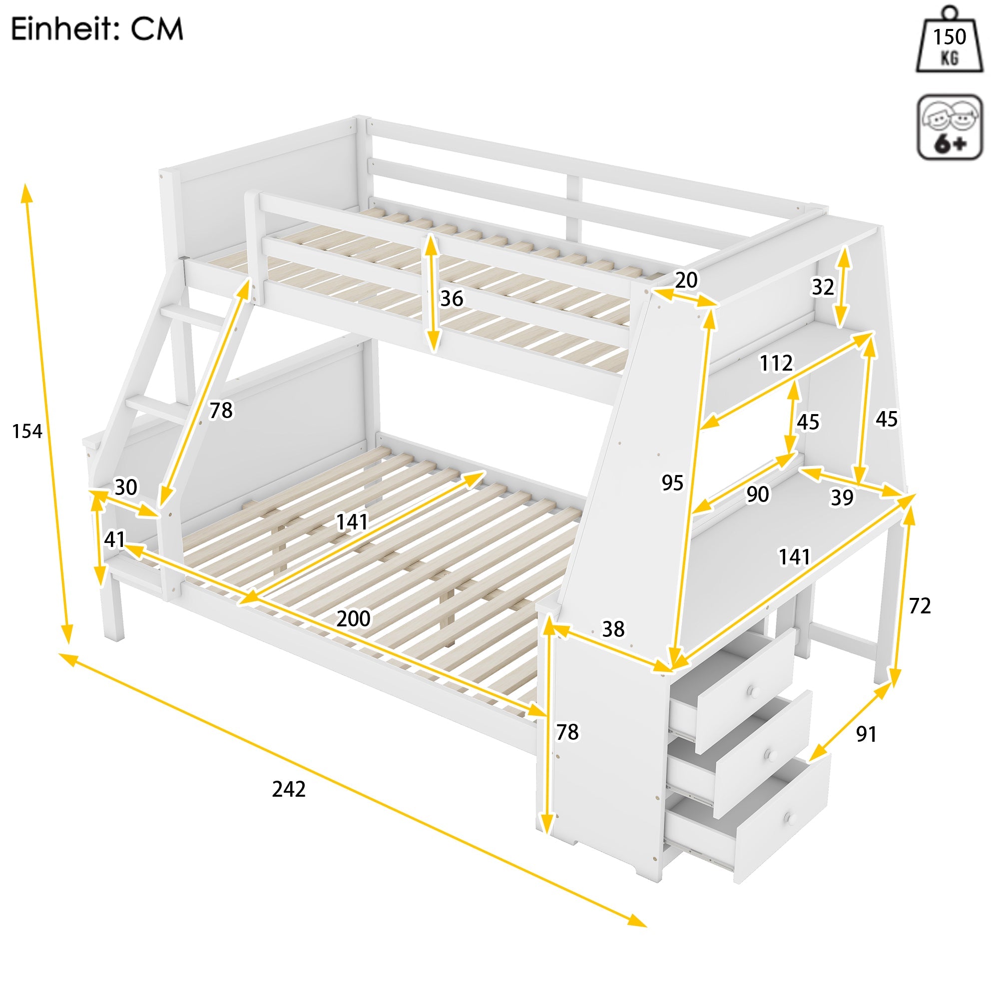 Logidon Bunk Bed 90x200 and 140x200 with Table and Storage Space White