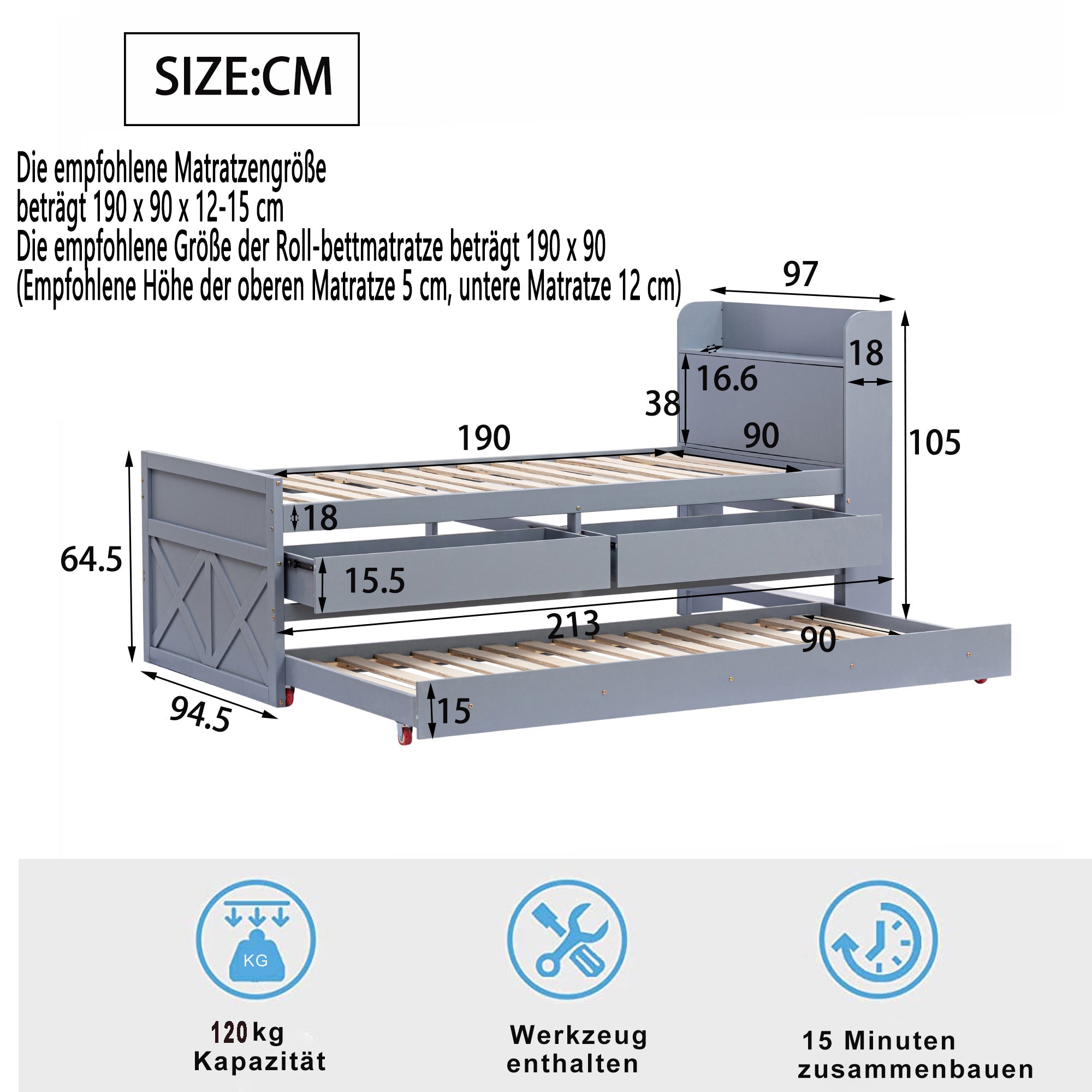 Logidon single bed solid wood gray 90x190 with pull-out drawer