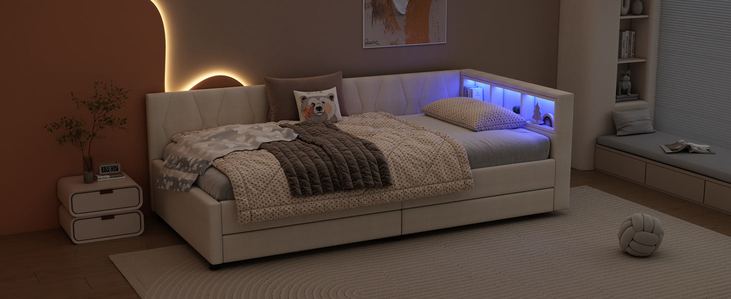 Logidon Dagbed 90x200 cm Beige Slaapbank Opbergvak met USB C LED