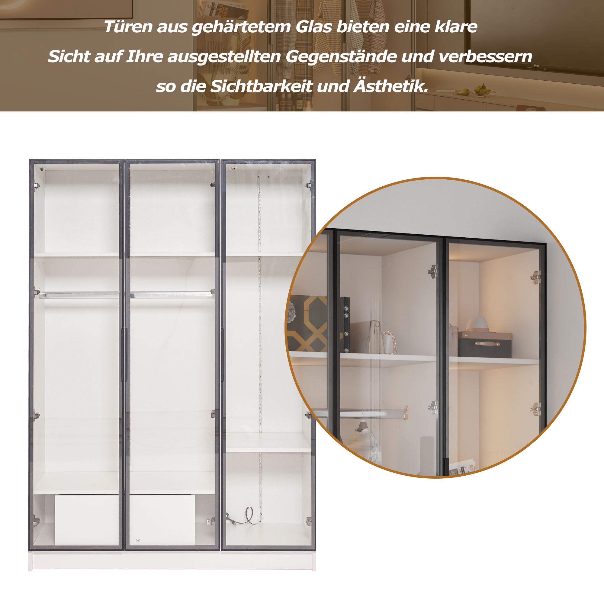 Logidon Witte kledingkast 110x50x160 cm met 3 glazen deuren LED