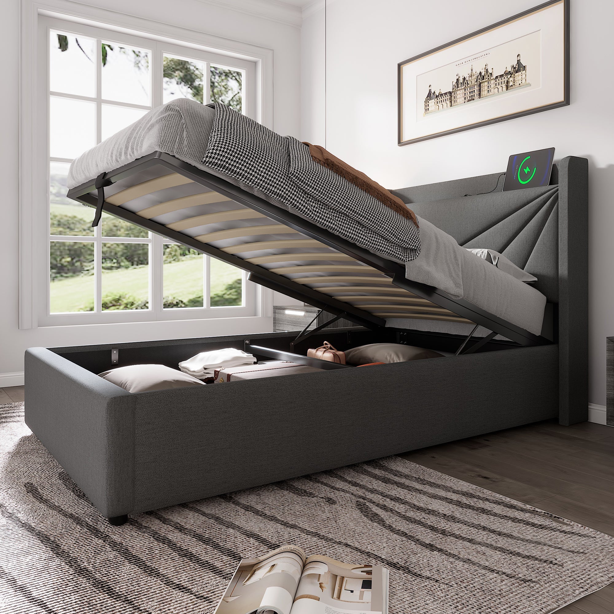 Logidon upholstered bed 90x200 storage space USB Type C charging function gray linen