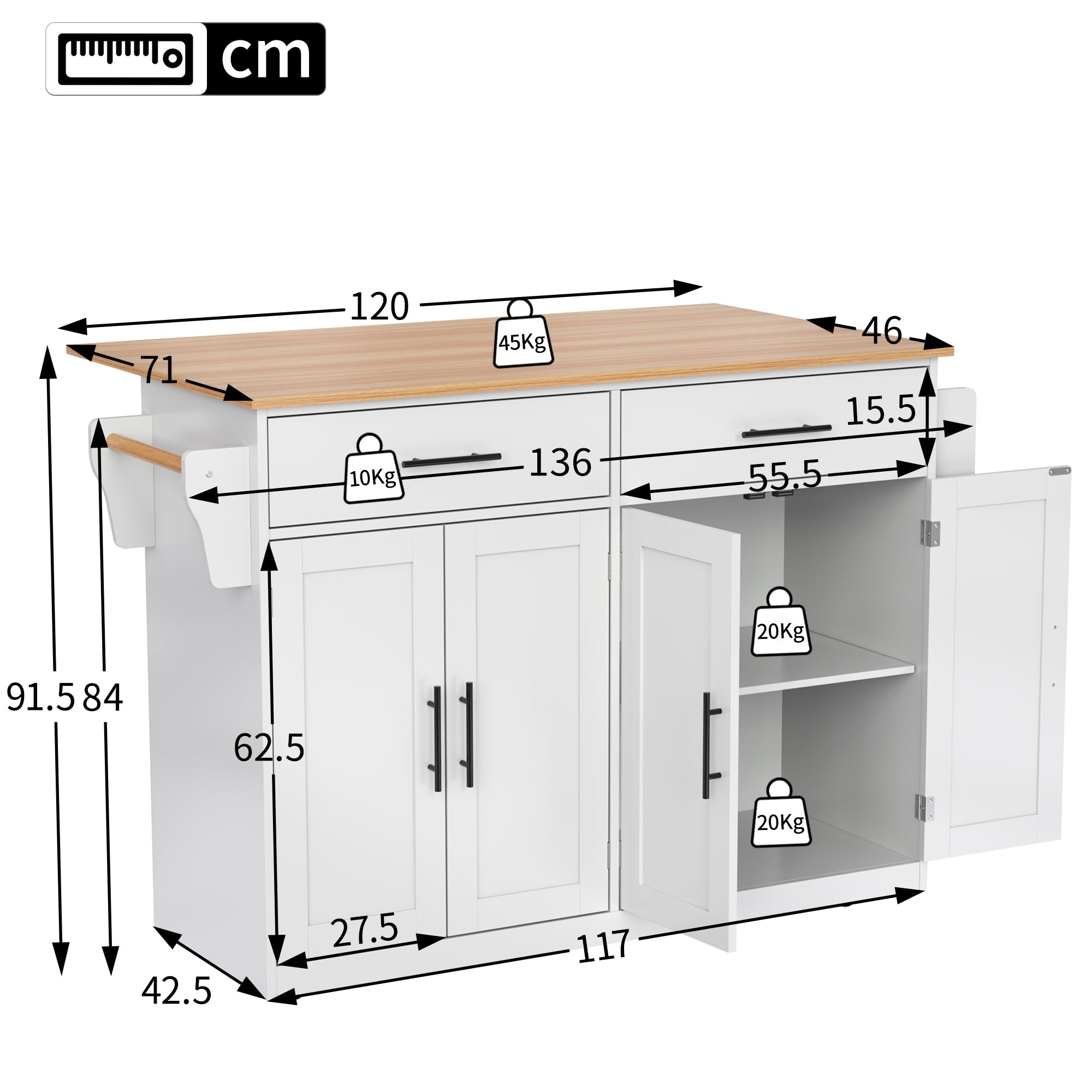 Logidon serving trolley with folding table top white 120x71x91 cm