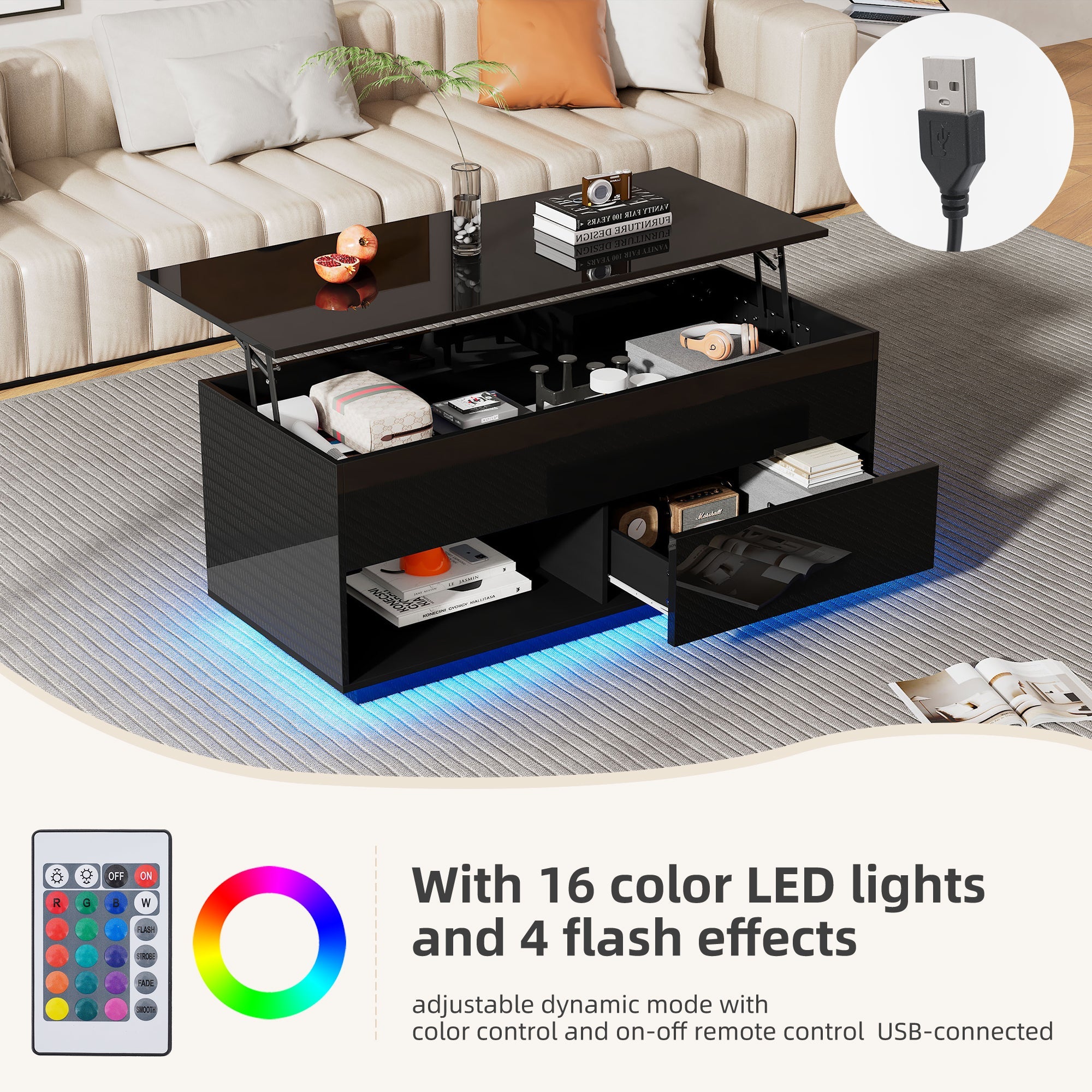 Logidon hoogglans salontafel 100x50x55 cm zwart LED-verlichting
