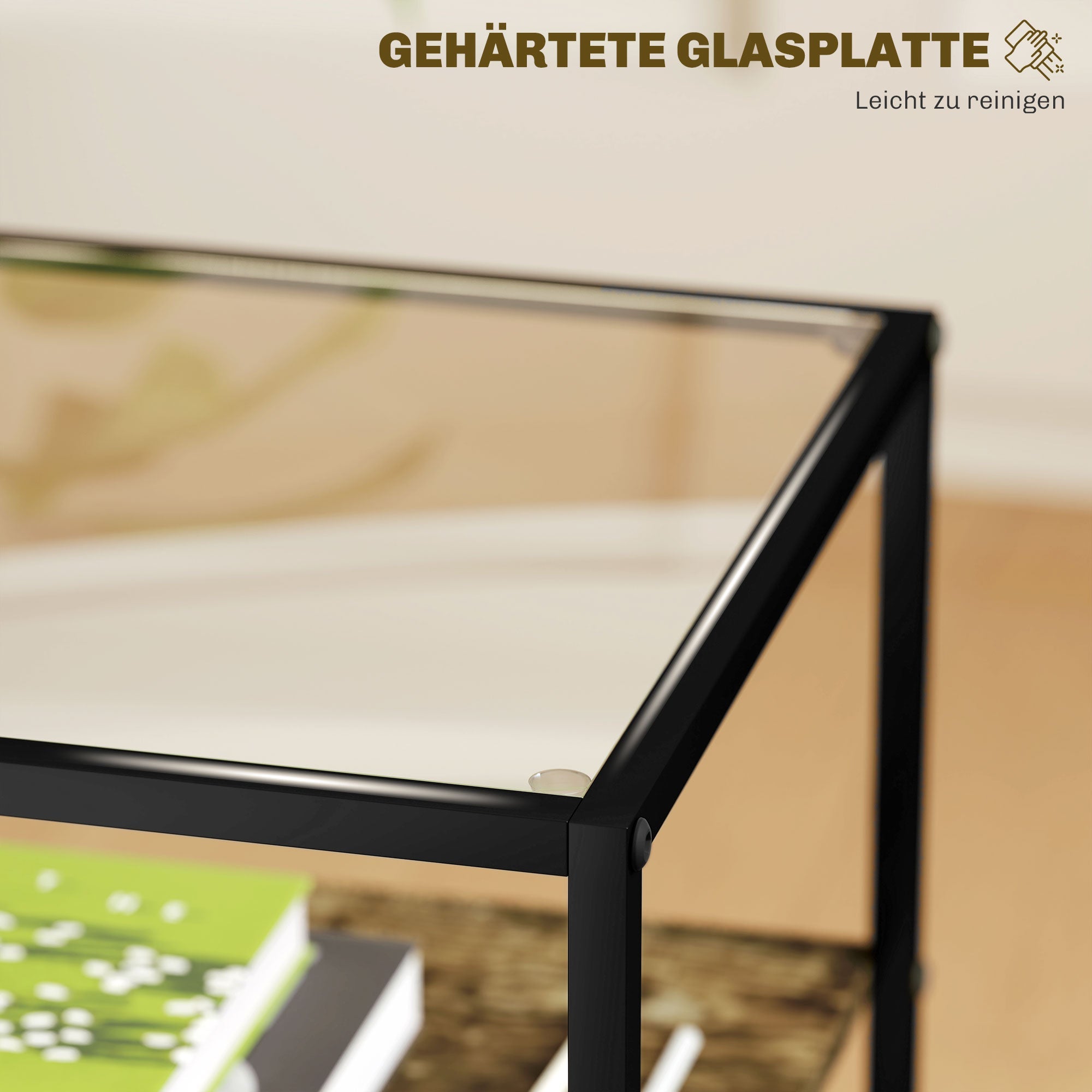 Logidon set van 2 bijzettafels met glazen blad, rustiek bruin metalen frame