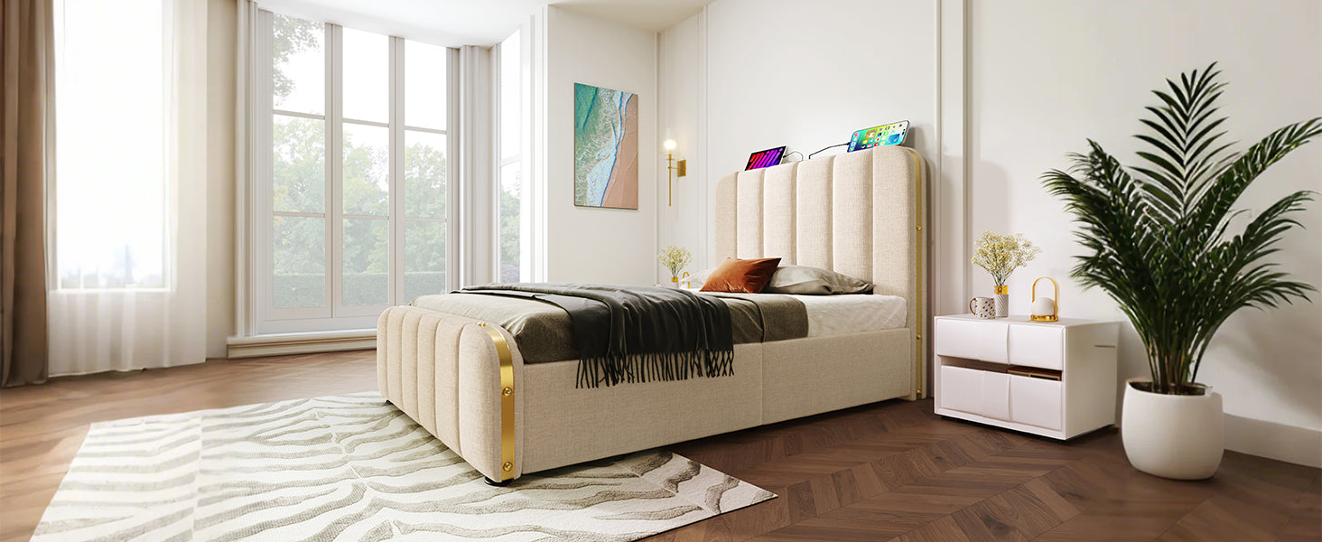 Logidon gestoffeerd bed 90x200 beige USB Type C oplaadfunctie 4 lades