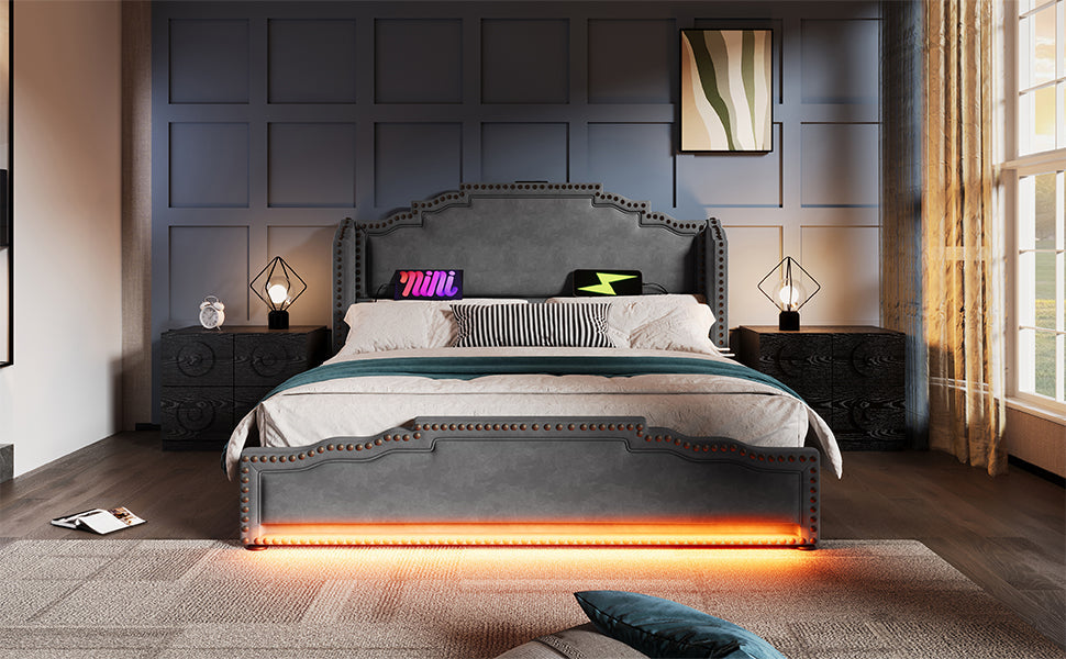 Logidon gestoffeerd bed 140x200 grijs fluweel met 4 lades en USB C