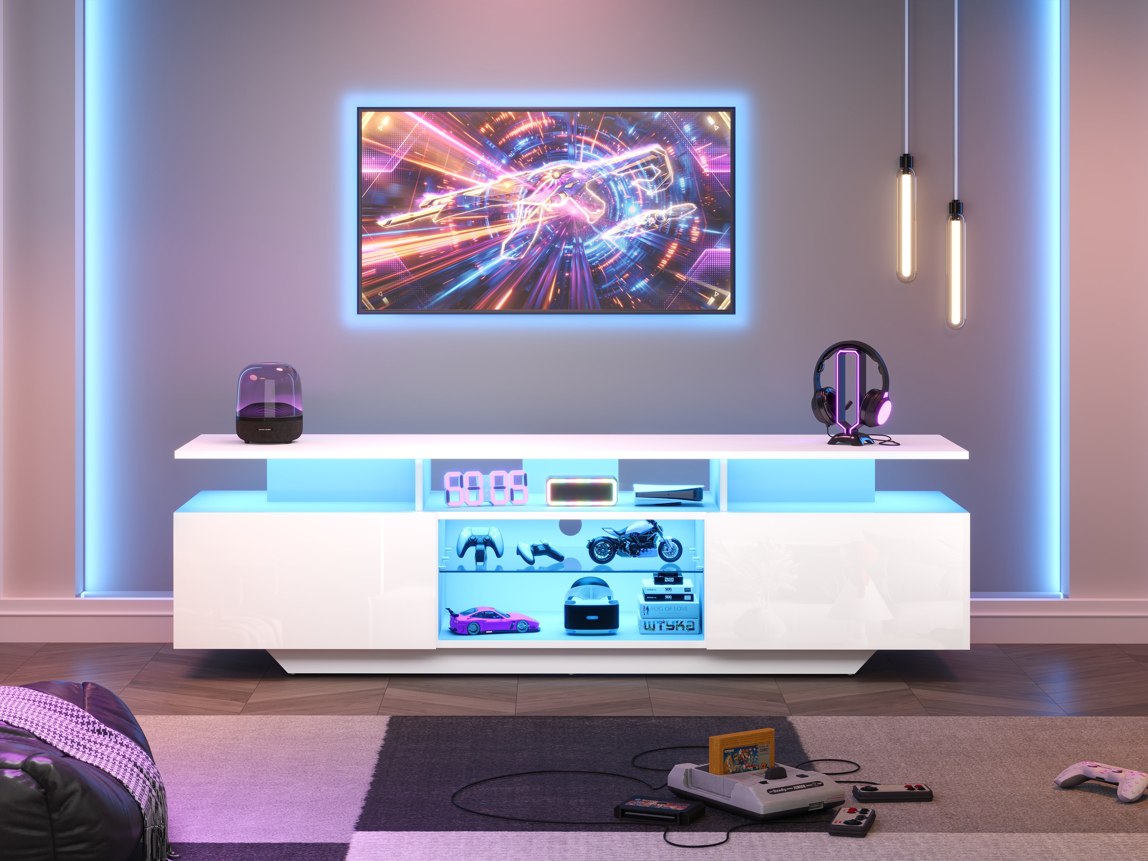 Logidon TV-meubel hoogglans wit 160 x 40 x 45 cm met LED lichtstrip glasplanken