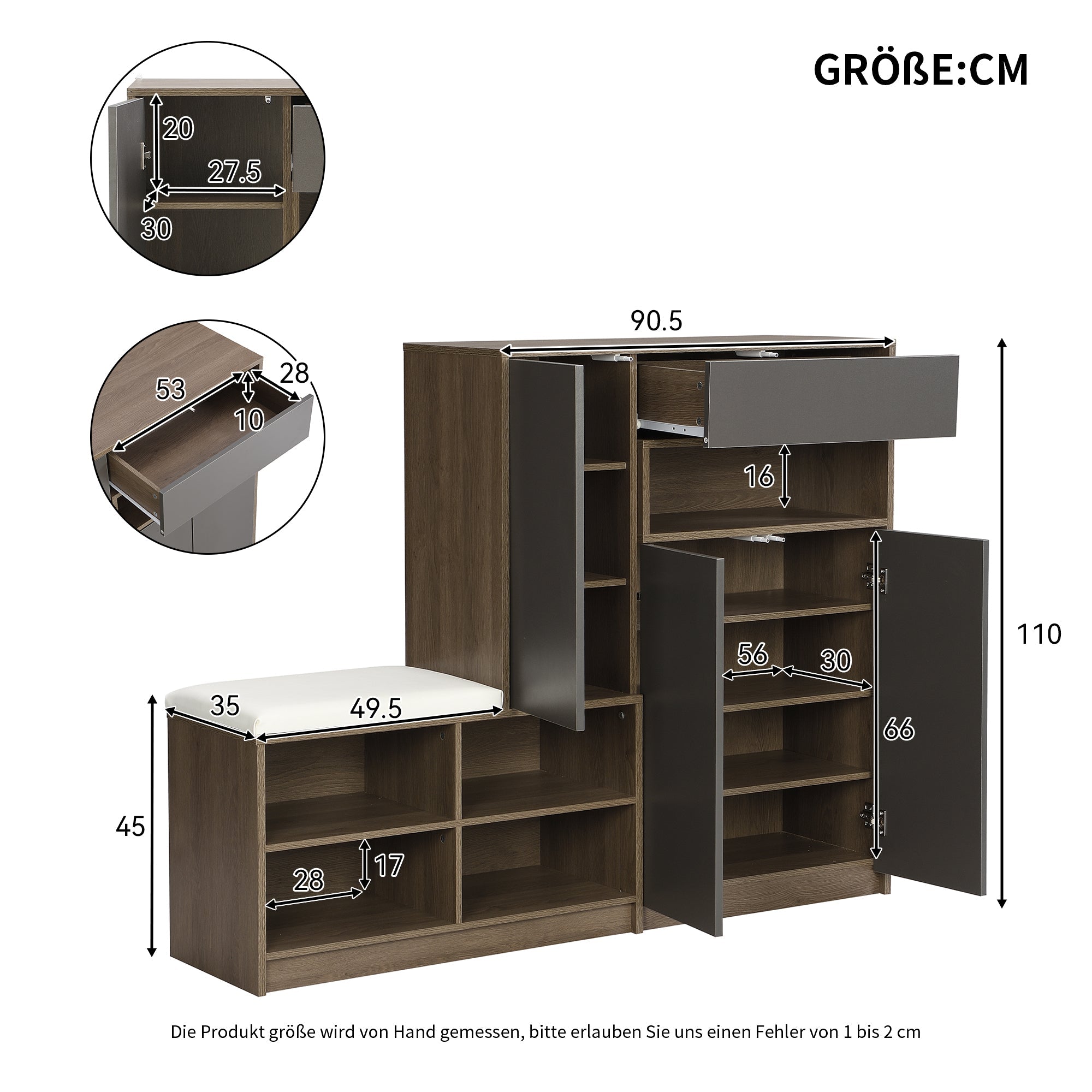 Logidon Schoenenbank Grijs Met Gewatteerde Zitting Verstelbare Planken 140x35x110 cm
