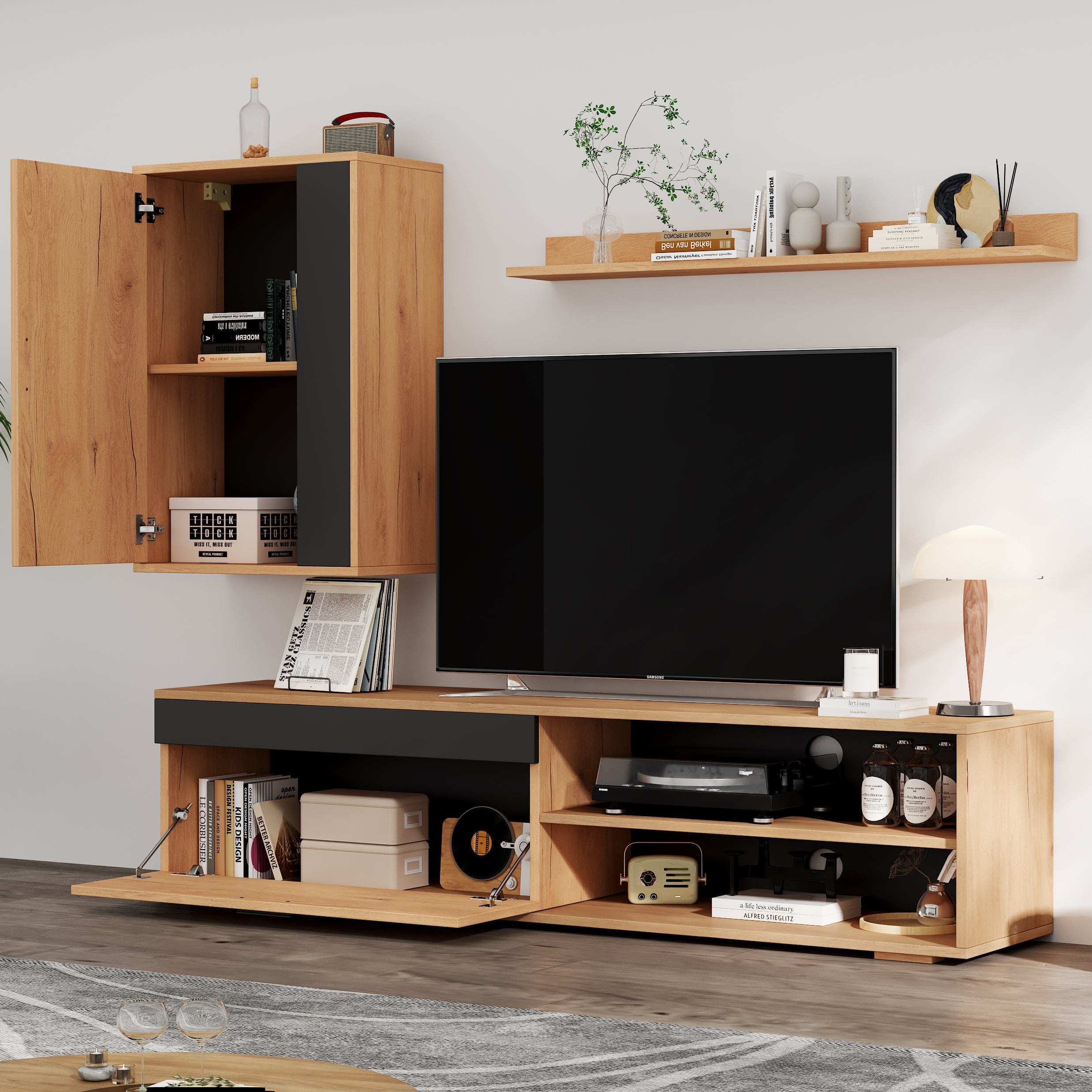 Logidon TV wandmeubelset 140 cm driedelig hout zwart