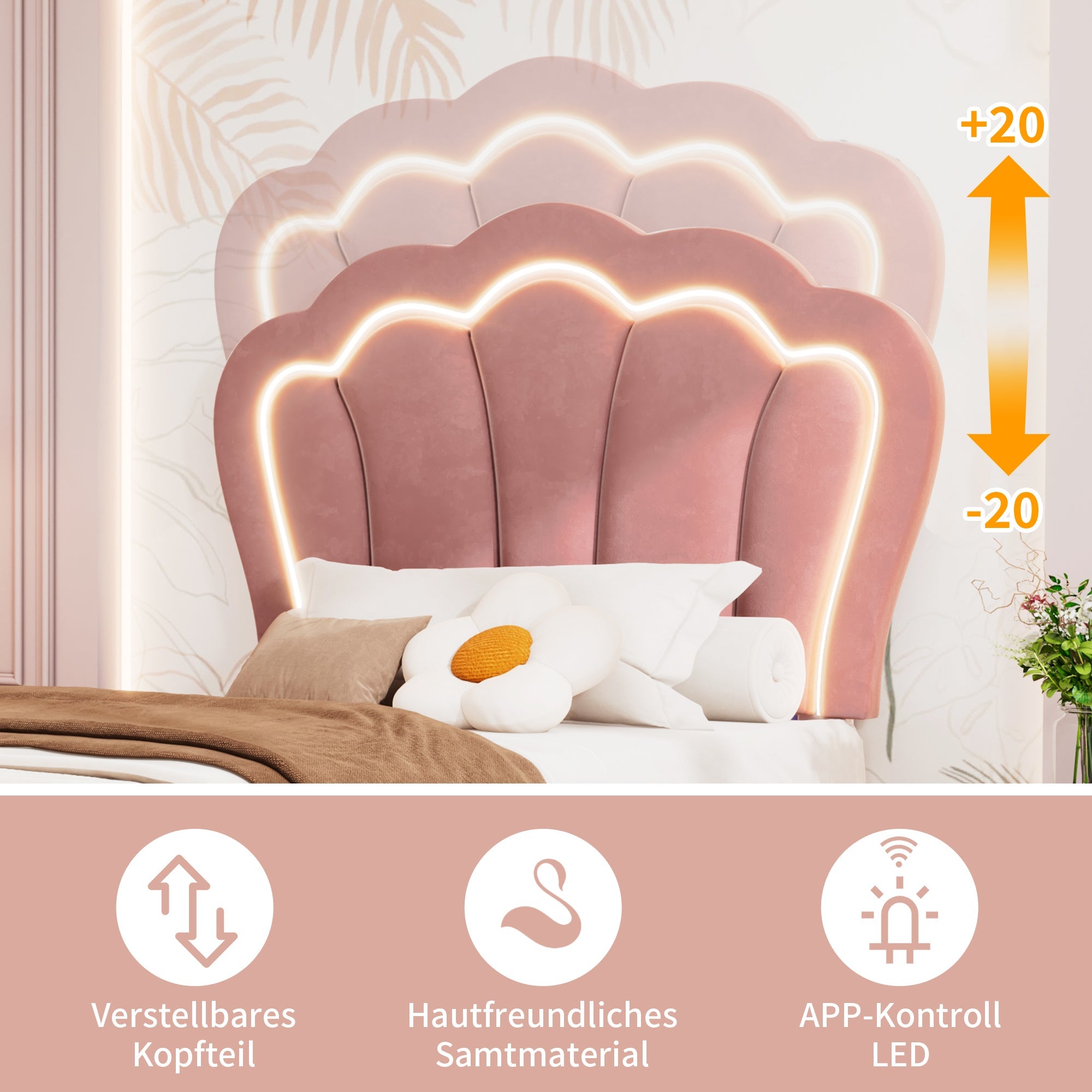 Logidon kinderbed LED 90x190 roze fluweel gestoffeerd bed met lades