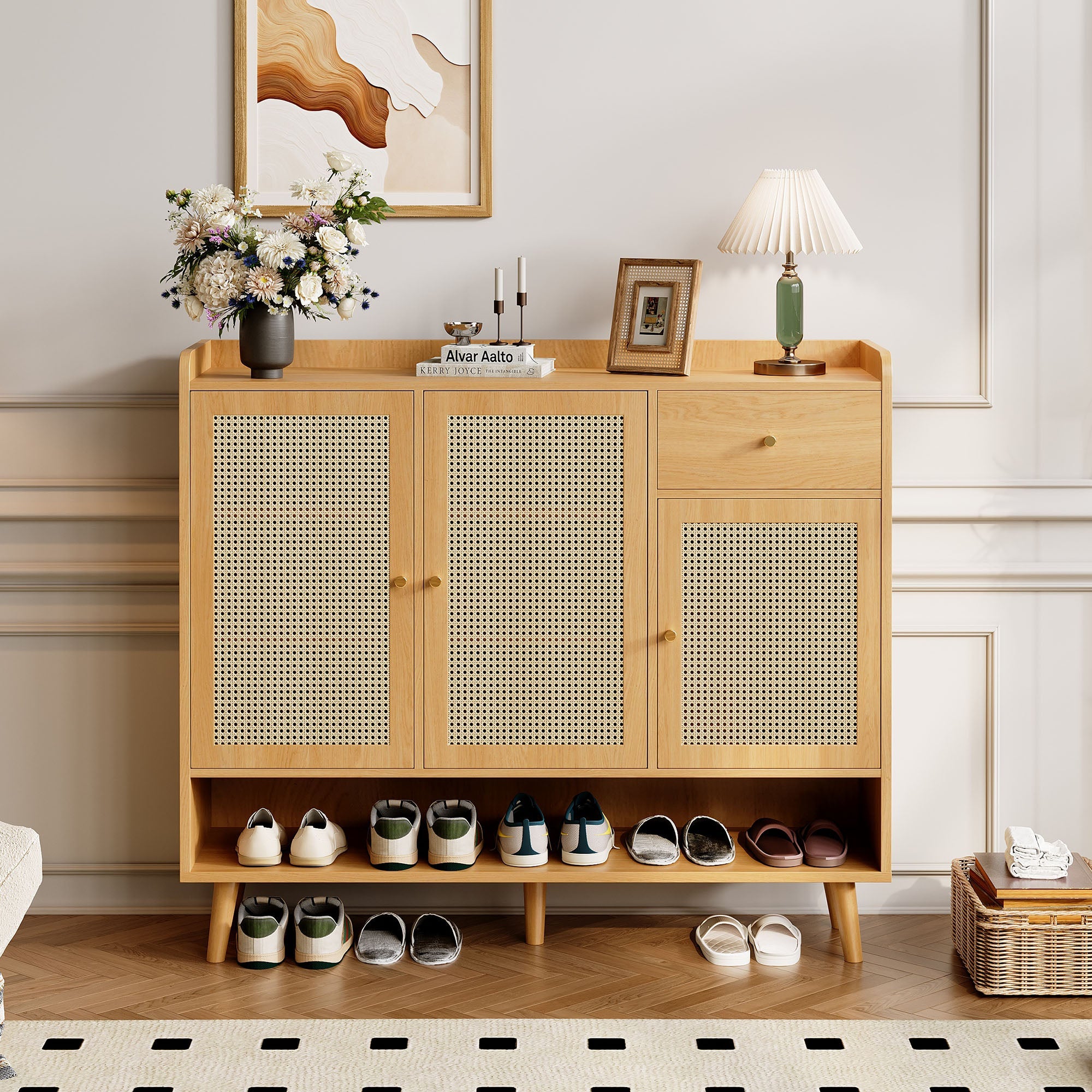 Logidon schoenenkast naturel rotan 120x35x106 met 3 deuren 1 lade