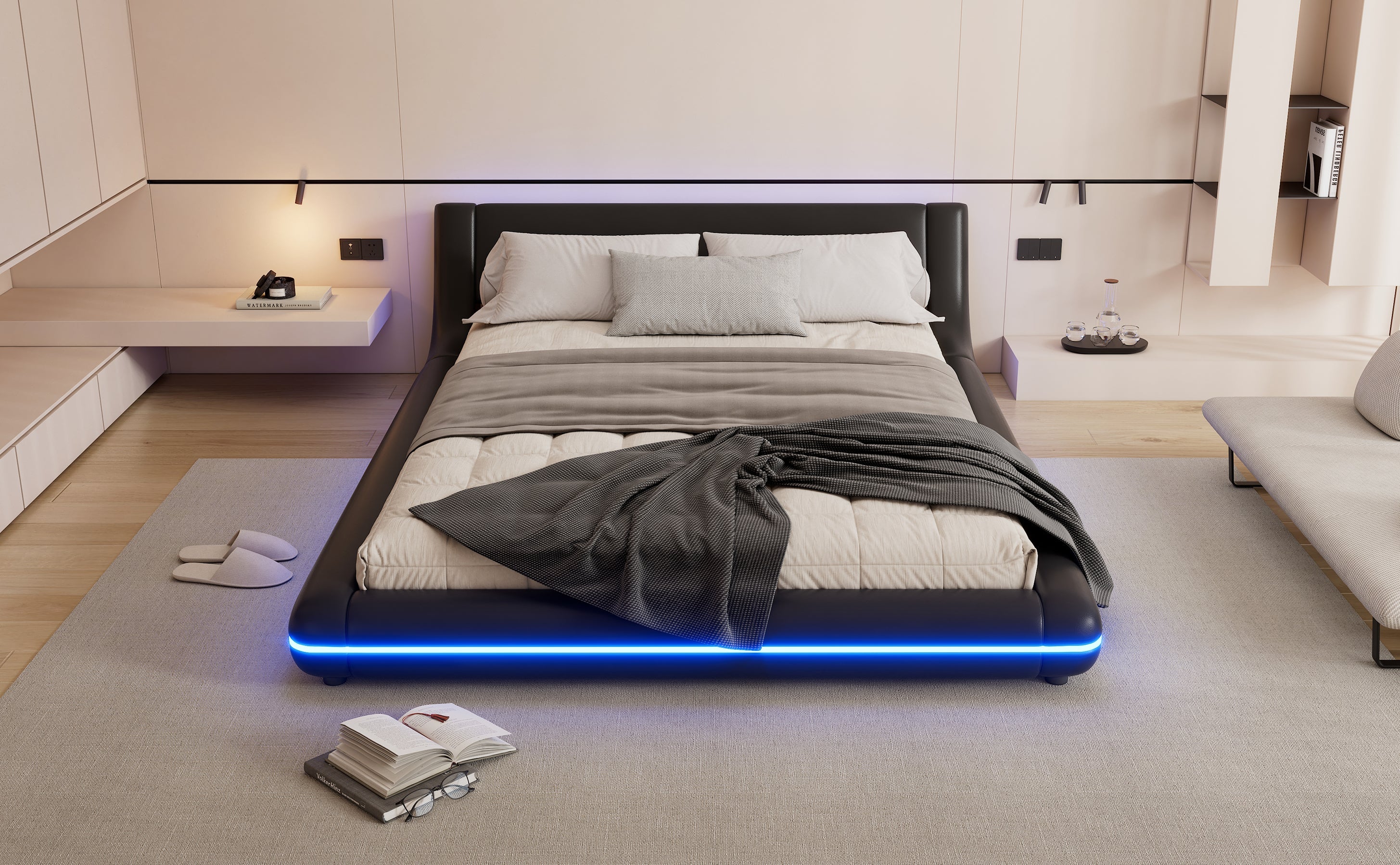 Logidon flat bed 140x200 cm faux leather black LED lighting