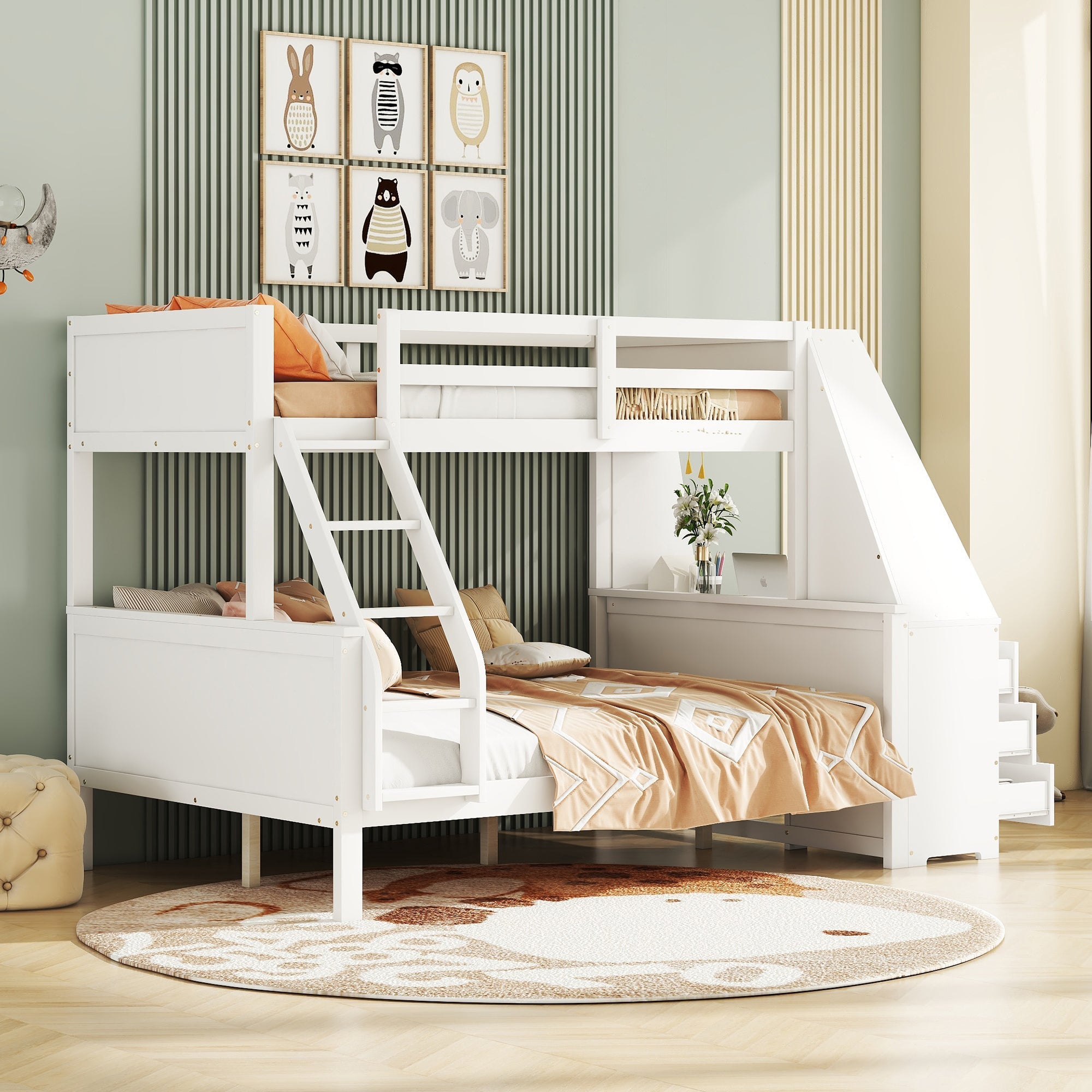 Logidon Bunk Bed 90x200 and 140x200 with Table and Storage Space White