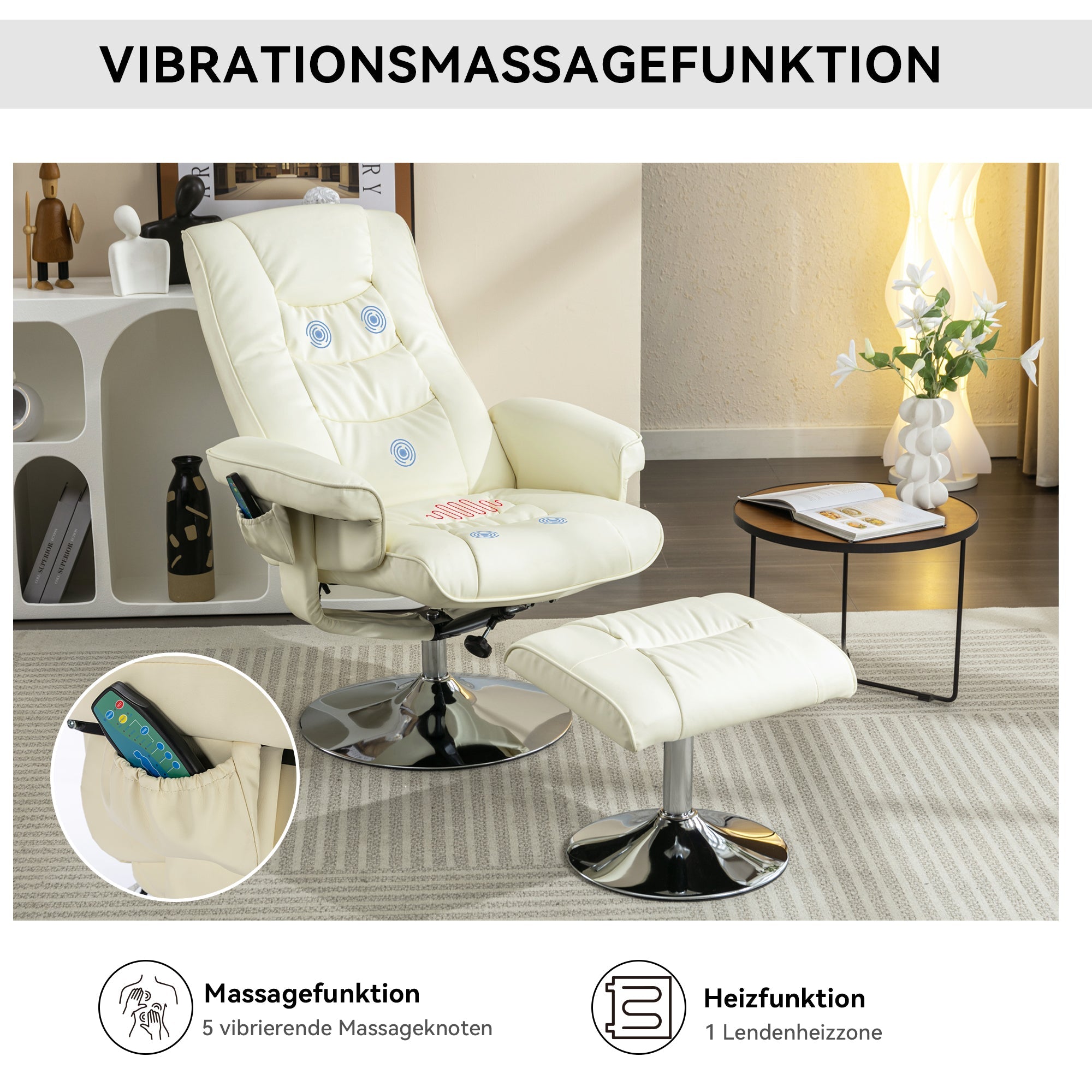 Logidon massagestoel met PU bekleding en voetenbank beige 5-punts massage