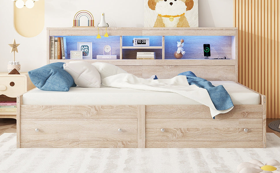 Logidon Daybed 90x200cm slaapbank met sfeerverlichting USB naturel
