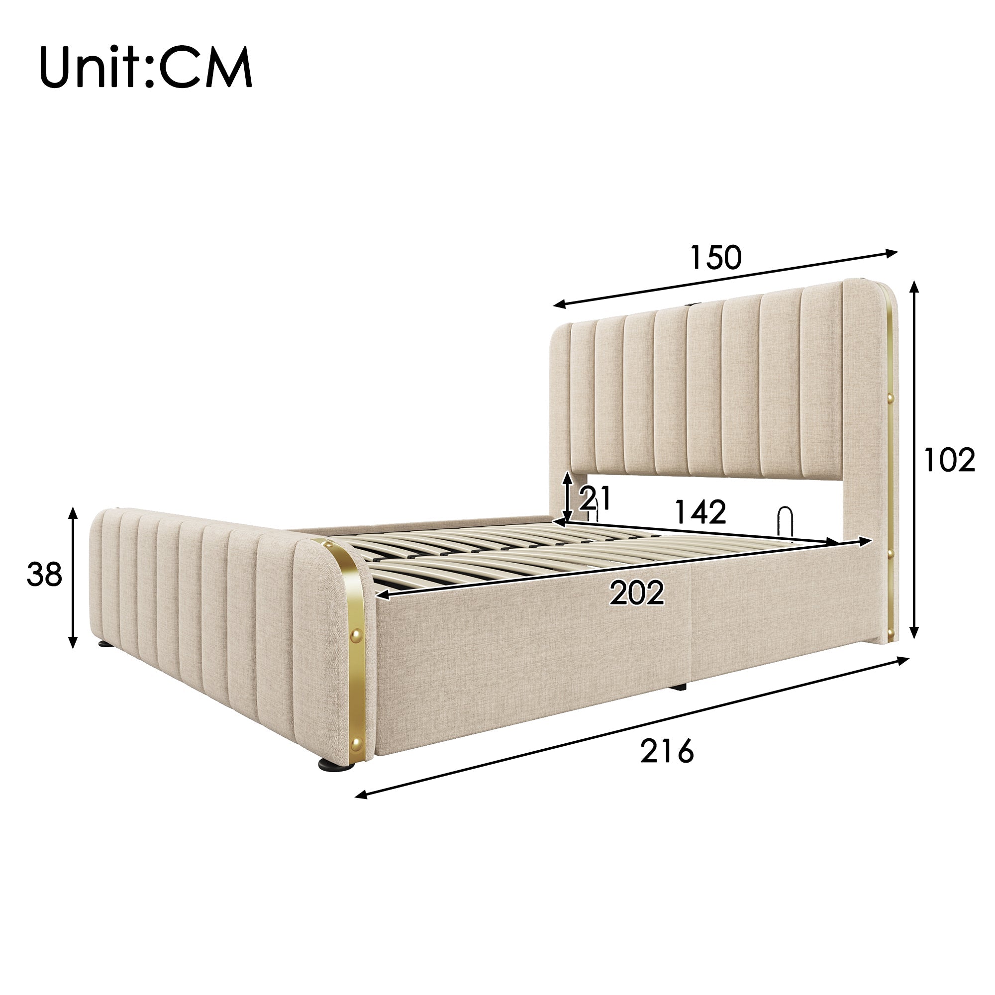 Logidon gestoffeerd bed 140x200 cm beige linnen USB Type-C oplaadfunctie hoofdeinde
