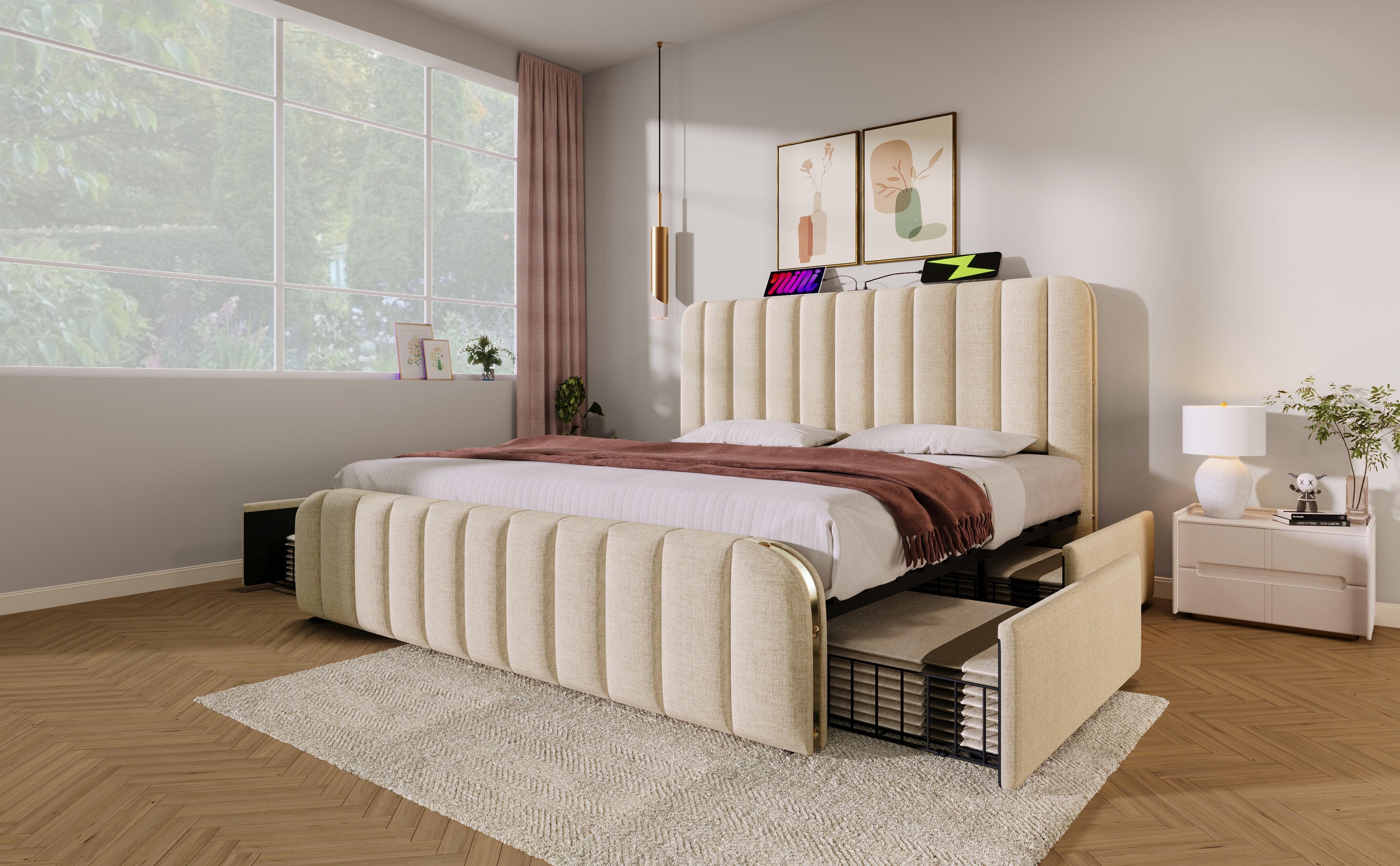 Logidon upholstered bed beige linen with USB Type C charging function 180x200 cm