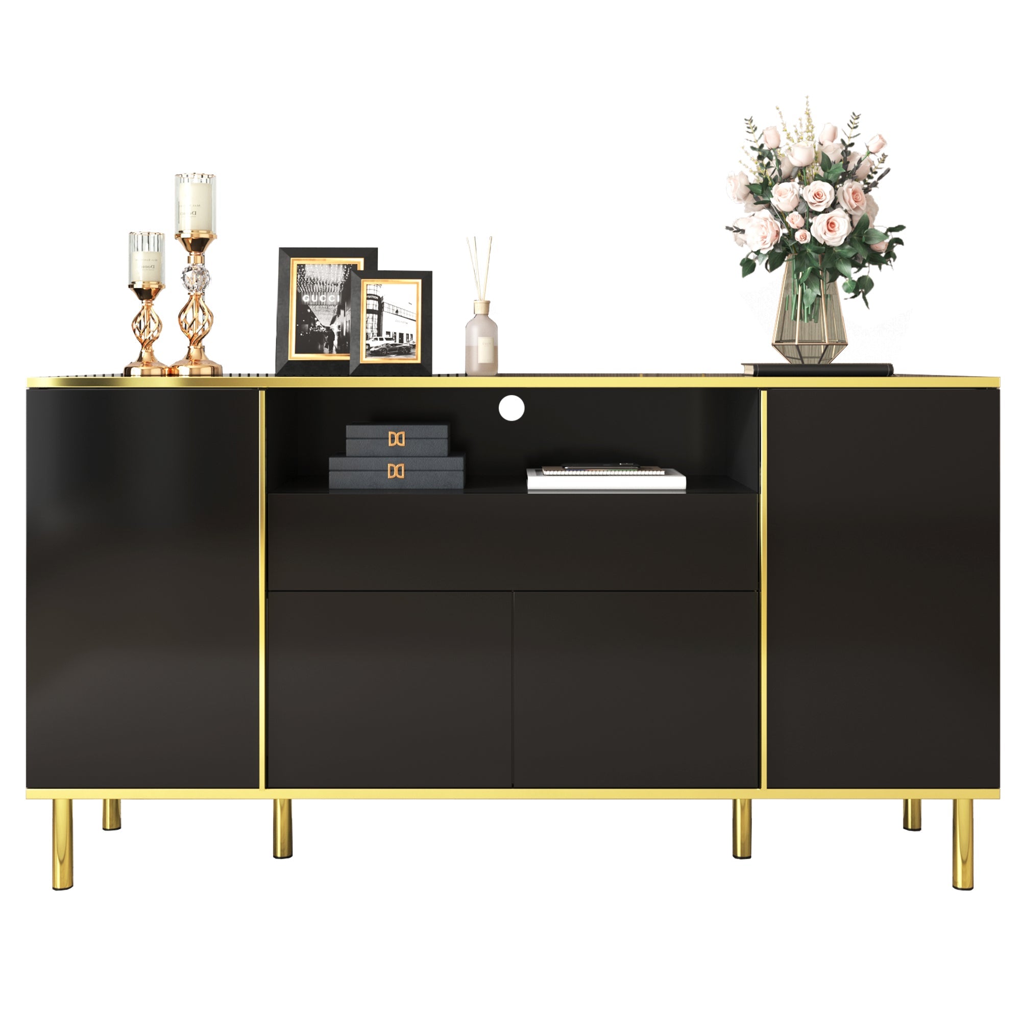 Logidon high-gloss sideboard black 150x40x80 with LED accents
