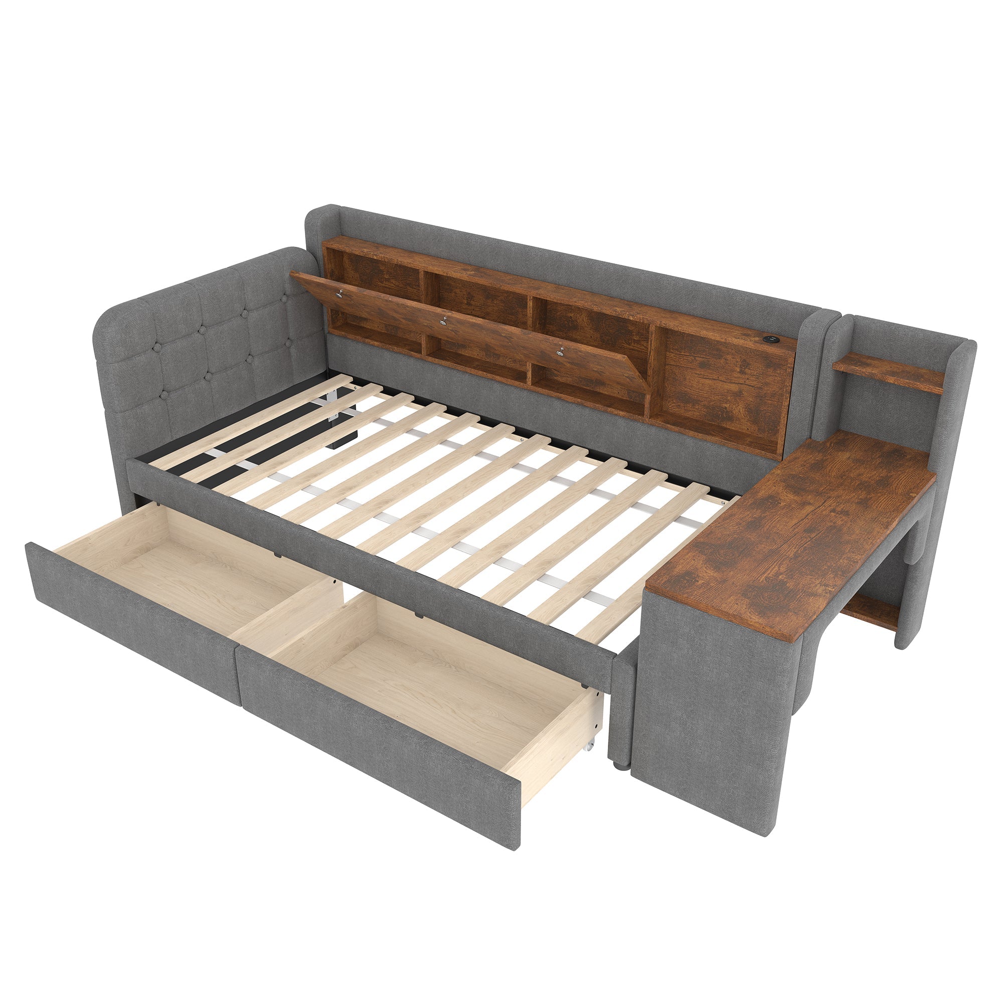 Logidon Daybed 90x200 cm slaapbank met bureau grijs USB Type C