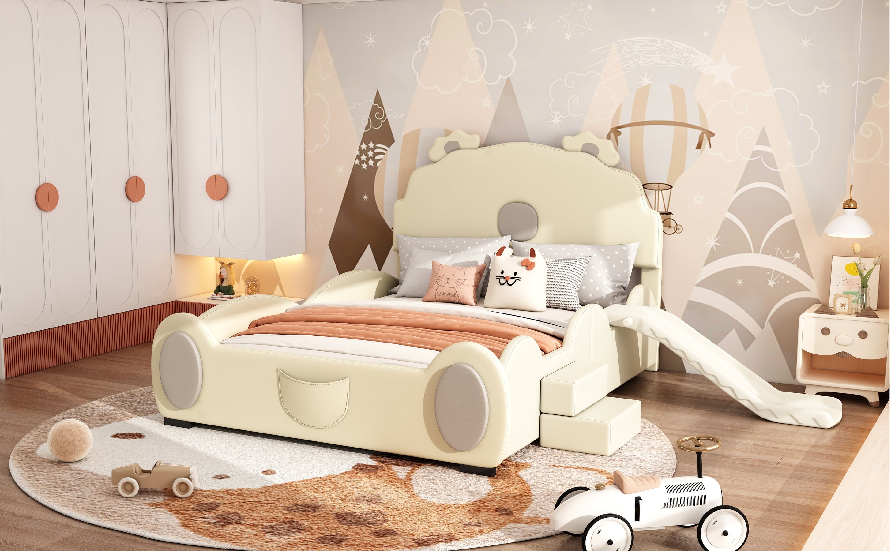 Logidon Cartoon Bear Bed 90x200 cm With Slide And Ladder Beige