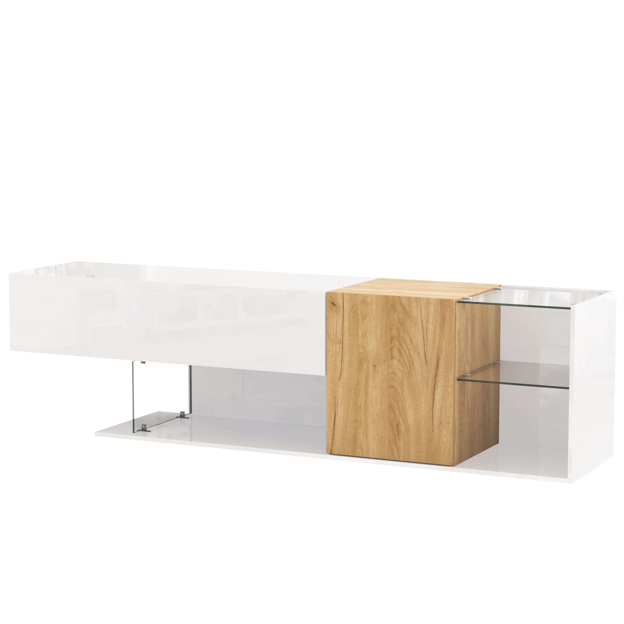 Logidon Modern TV-dressoir Wit Hoogglans Houtlook Glazen Planken 180cm