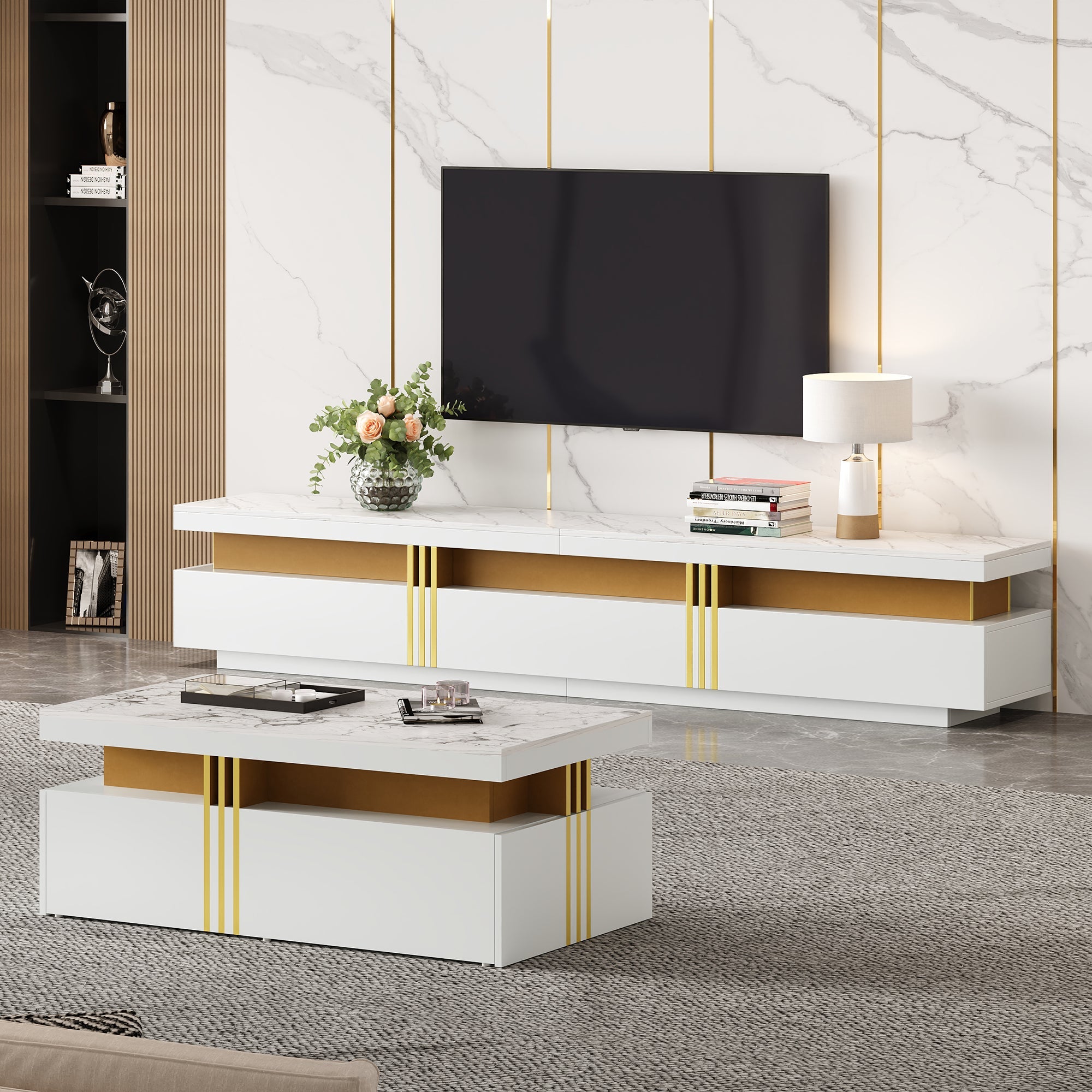 Logidon TV wandkastenset wit goud strepen multifunctioneel