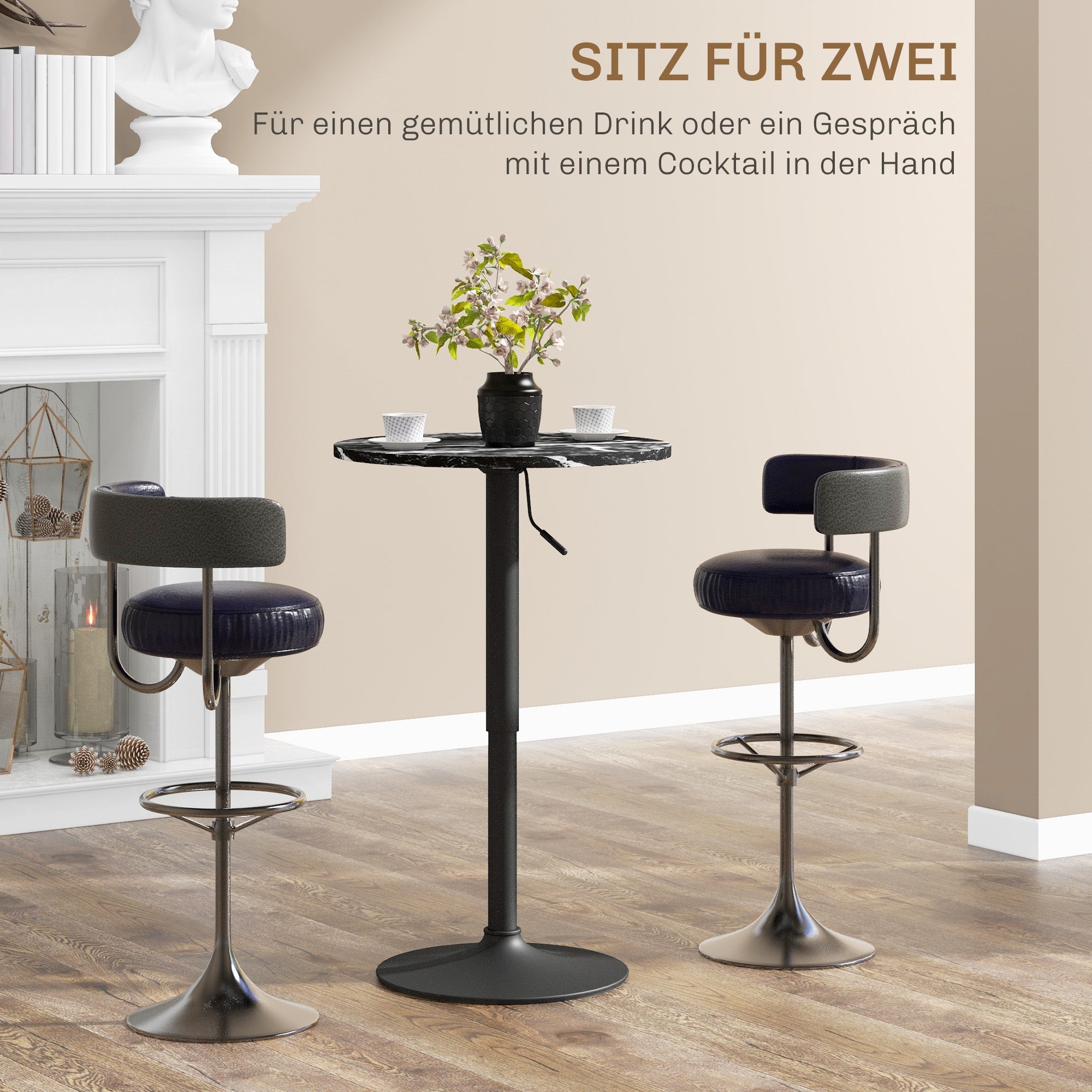 Logidon Ronde Bartafel Marmerlook Zwart Verstelbaar 60 cm 68-93,5 cm