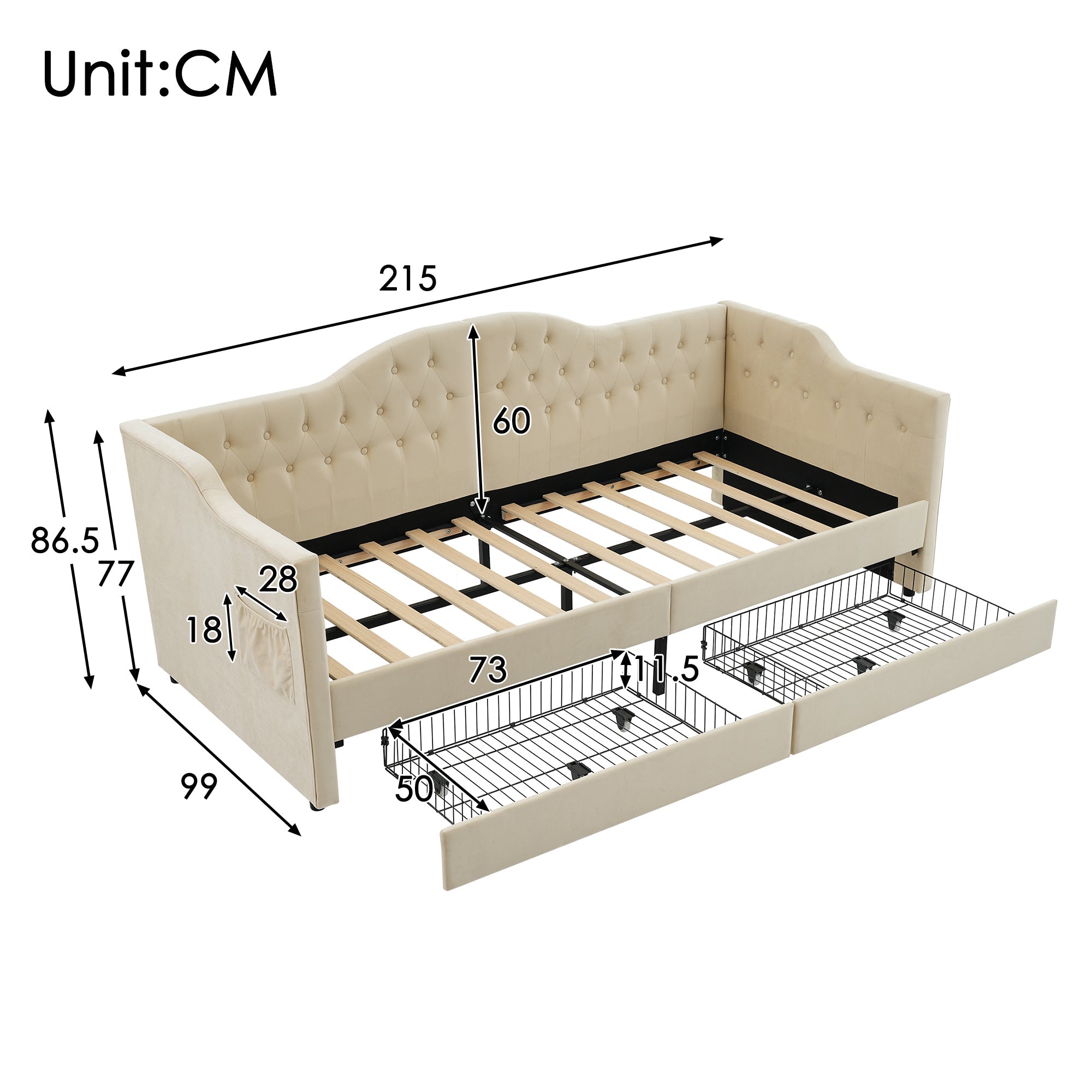 Logidon gestoffeerde slaapbank 90x200 beige USB-oplaadfunctie 2 compartimenten