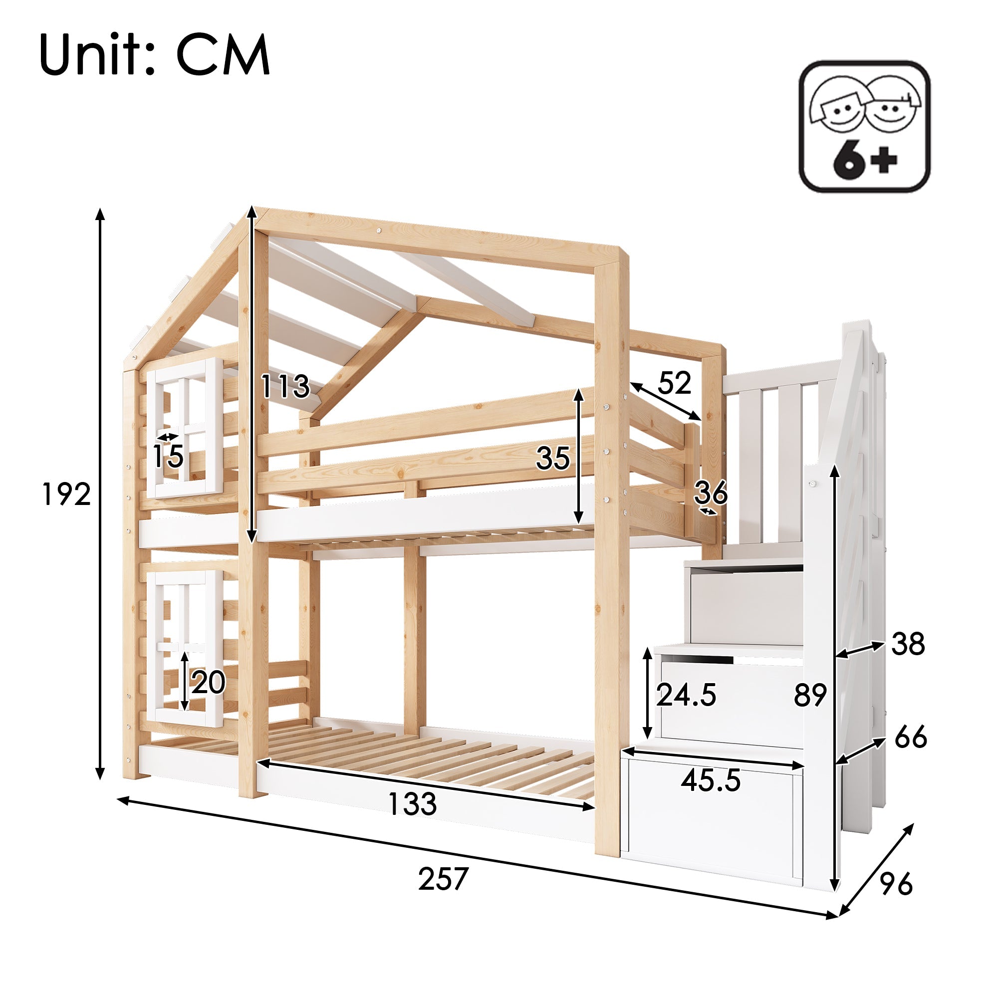 Logidon stapelbed boomhut 90x200 cm - naturel wit, 2 lattenbodems