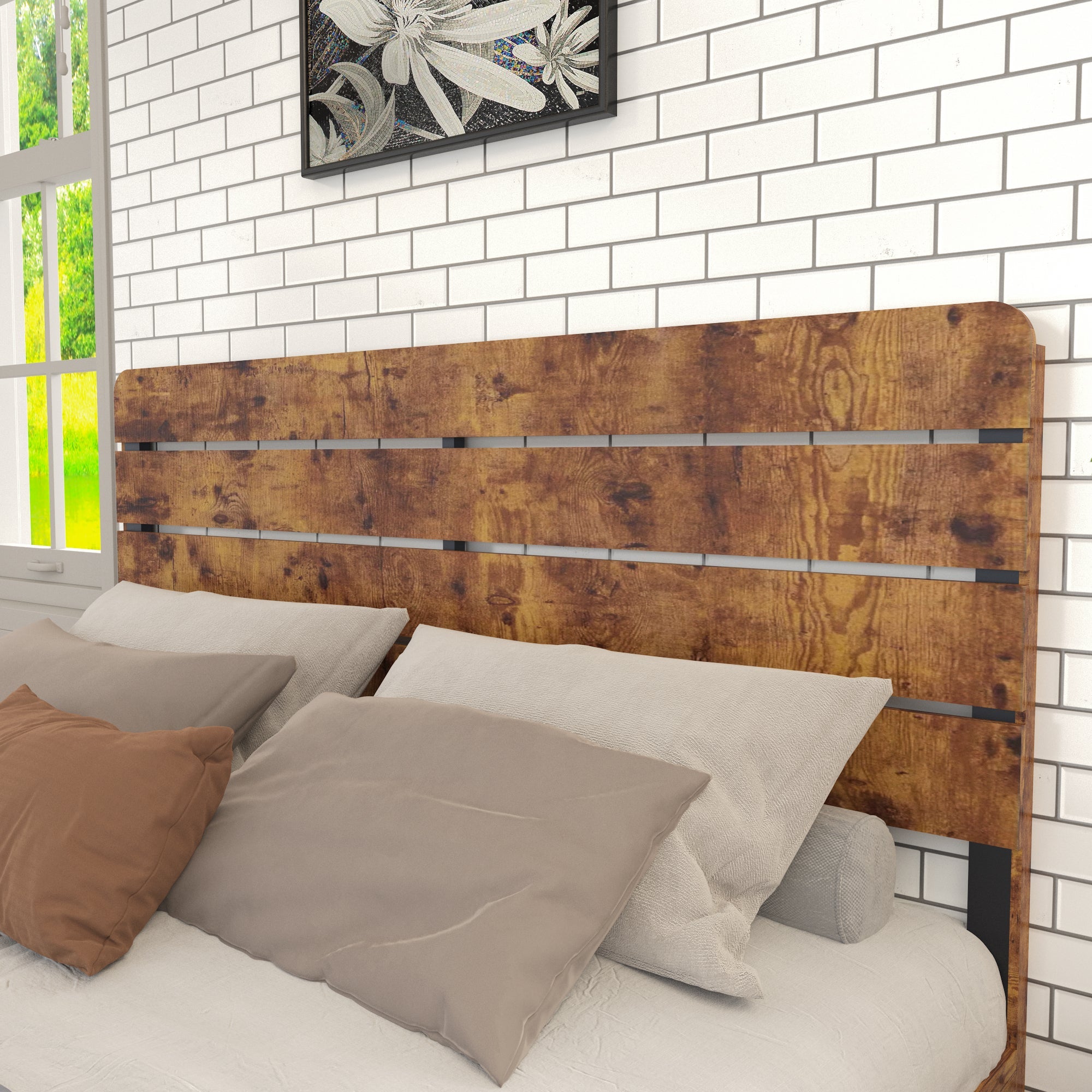 Logidon houten tweepersoonsbed 140x200 bruin MDF hoofdeinde met metalen frame