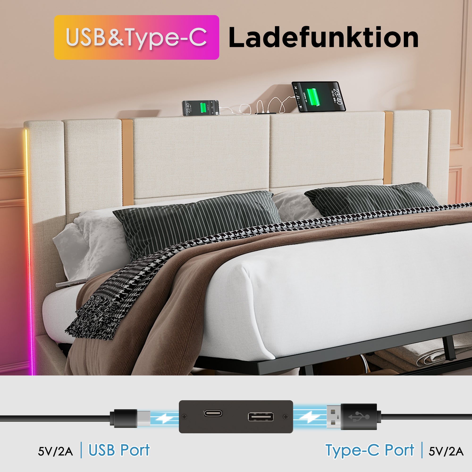 Logidon double bed 140x200 USB C charging function APP LED beige linen