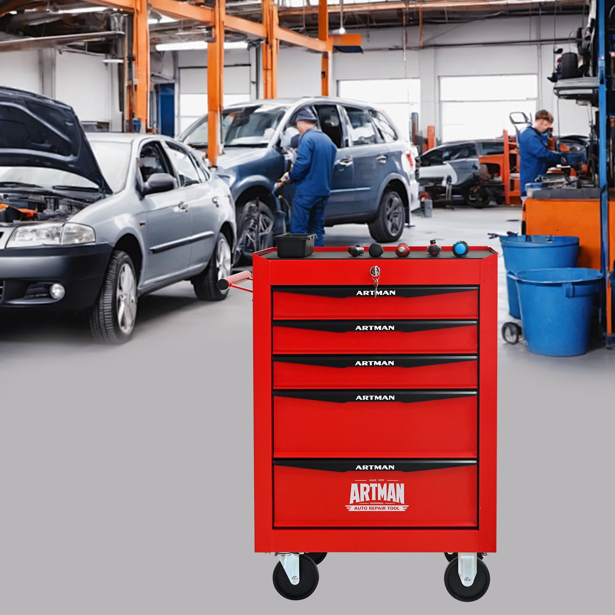 Logidon stalen gereedschapskist met 5 lades rood zwart 52x33x66 cm