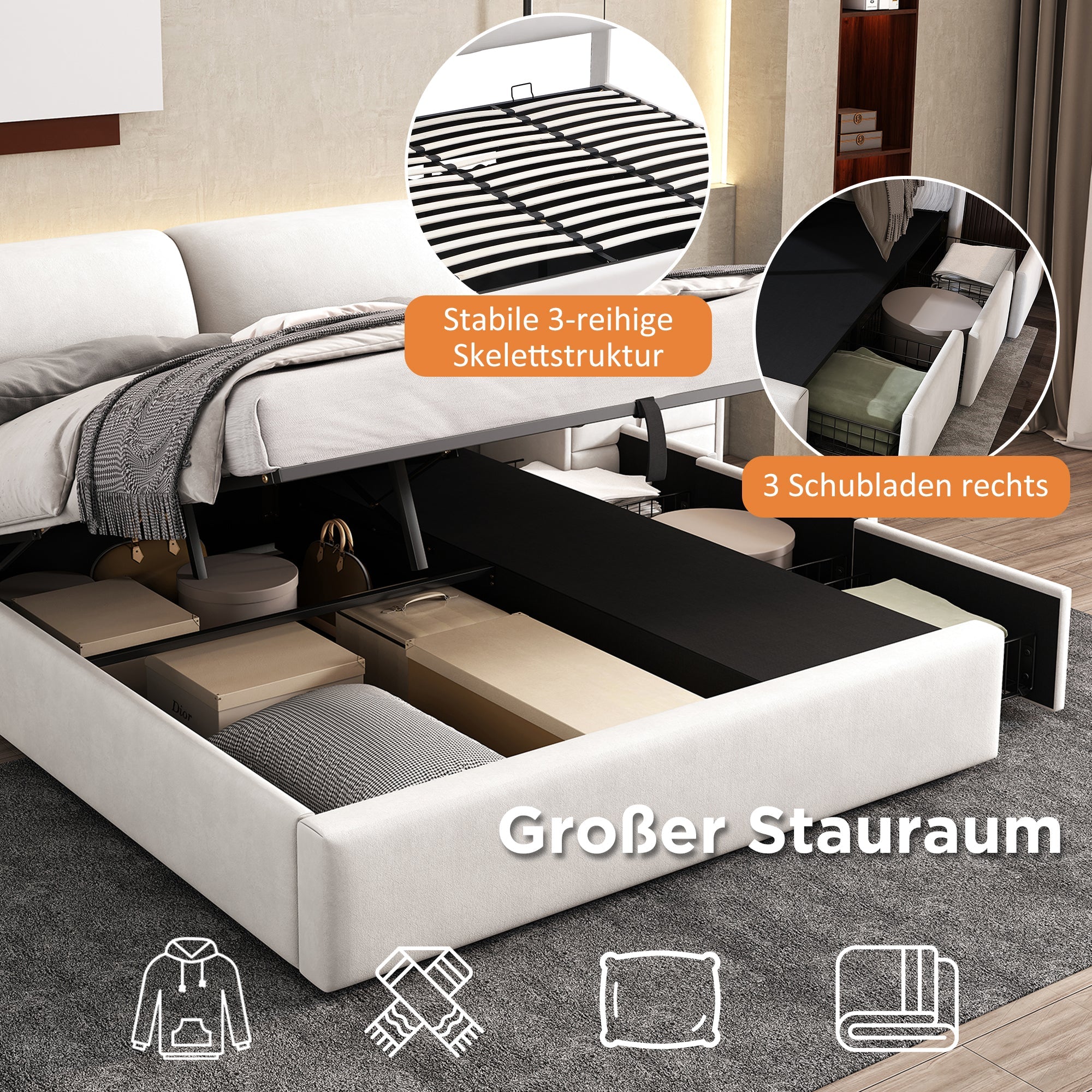 Logidon gestoffeerd bed 180x200 beige fluweel met bedkast en drie lades