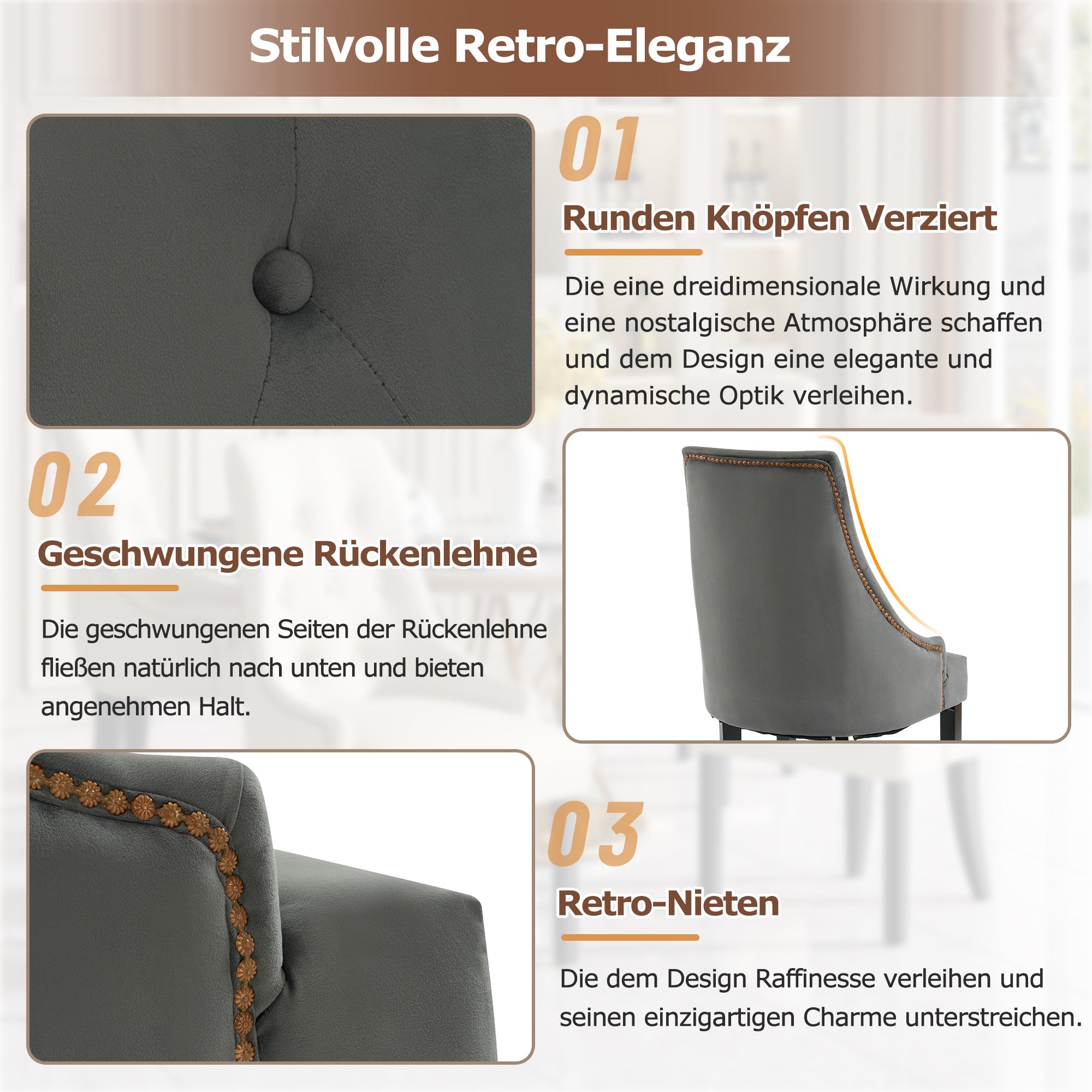 Logidon Set van 2 Retro Eetkamerstoelen Met Ronde Knopen Fluweel Grijs