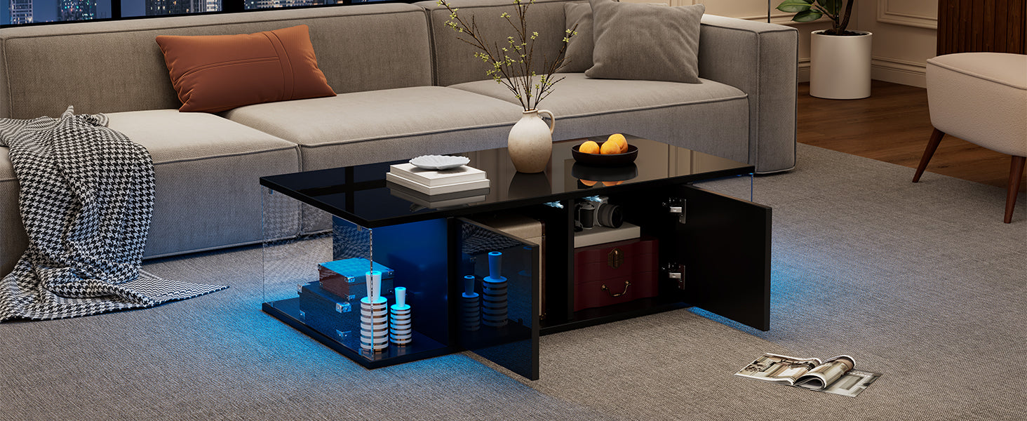 Logidon salontafel 100x50x30 cm zwart hoogglans LED 2 kasten