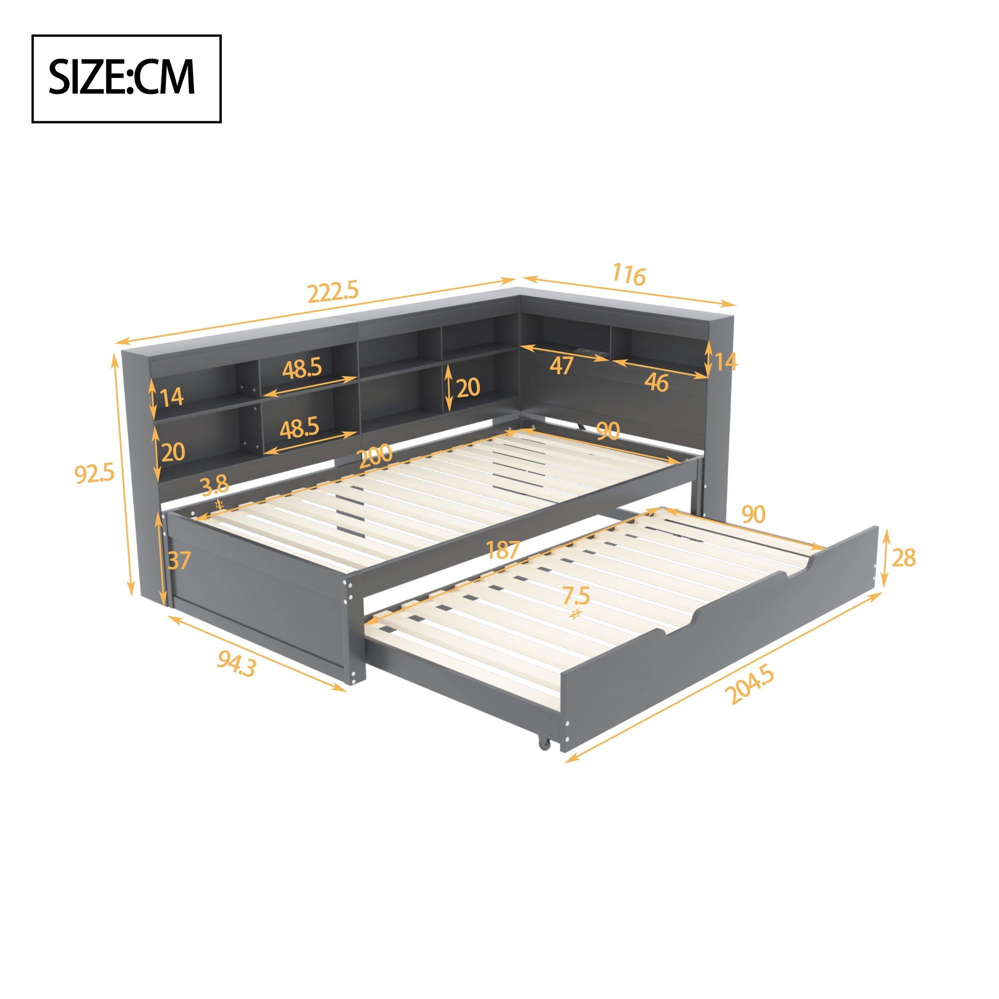 Logidon slaapbank 90x200 cm, uitschuifbaar bed 90x190, grijs