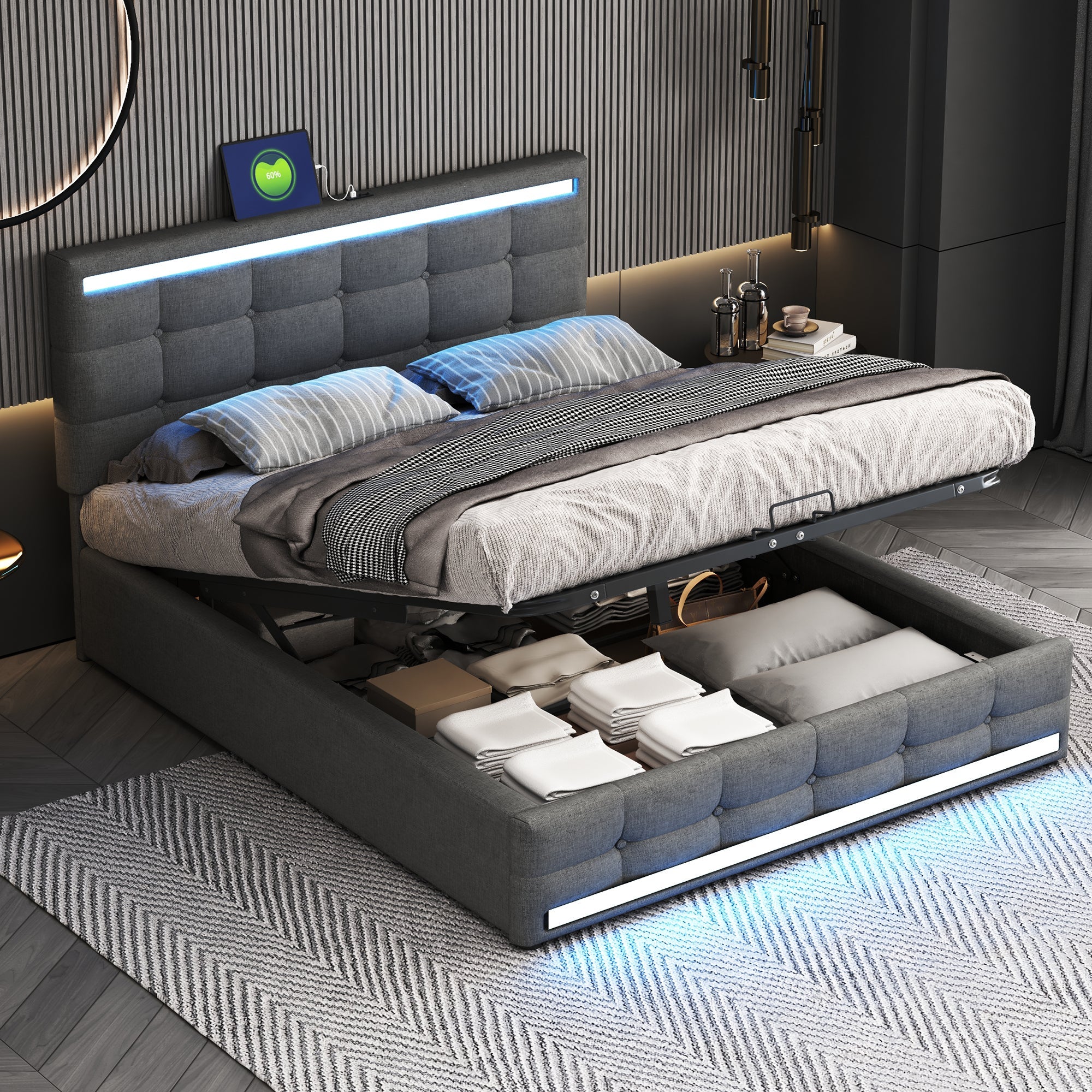 Logidon gestoffeerd bed 140x200 LED, opbergruimte, USB, grijs