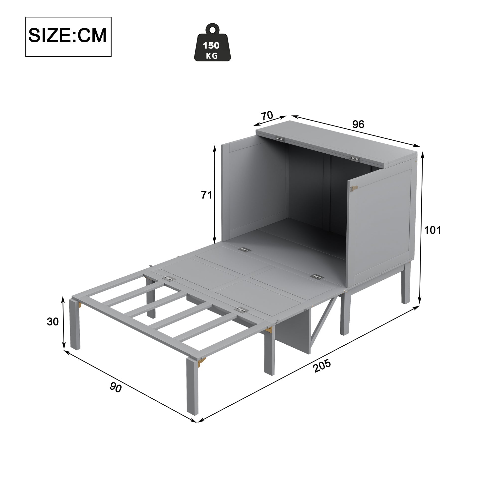 Logidon Murphy bed 90x200 grijs verticaal opklapbed met lattenbodem
