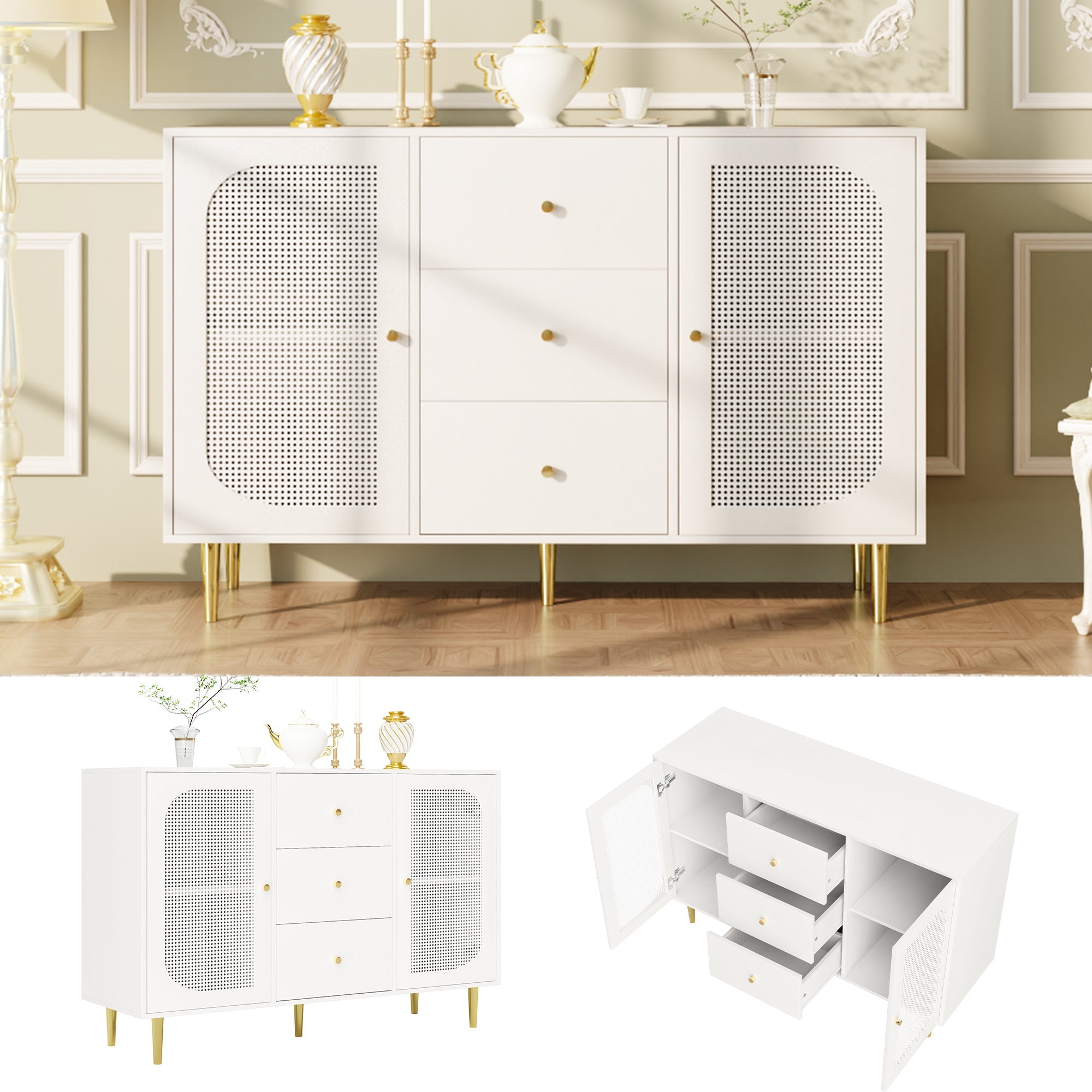 Logidon dressoir met rotan deuren wit 120 x 40 x 90 cm