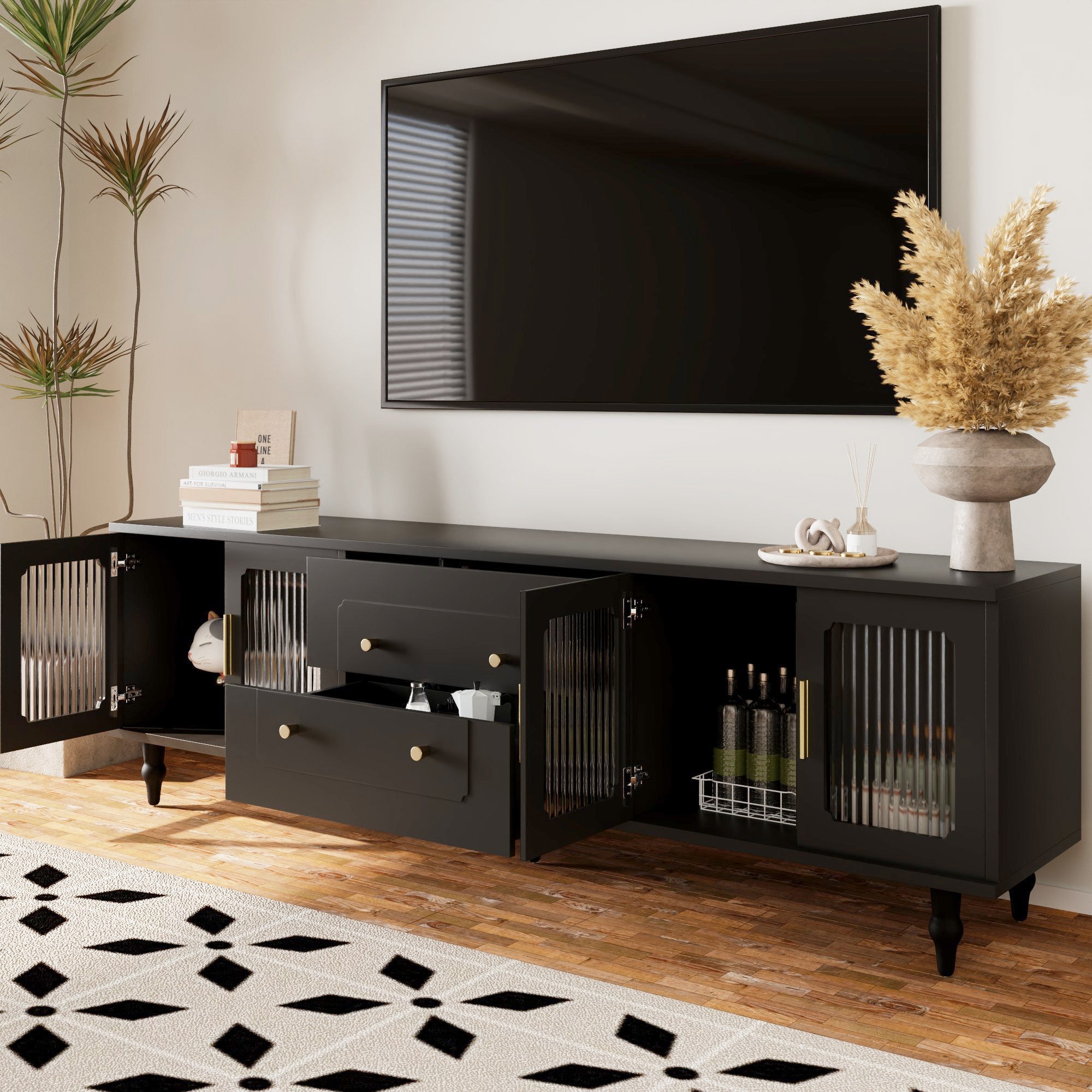 Logidon Lowboard Black with Golden Handles and Glass Doors