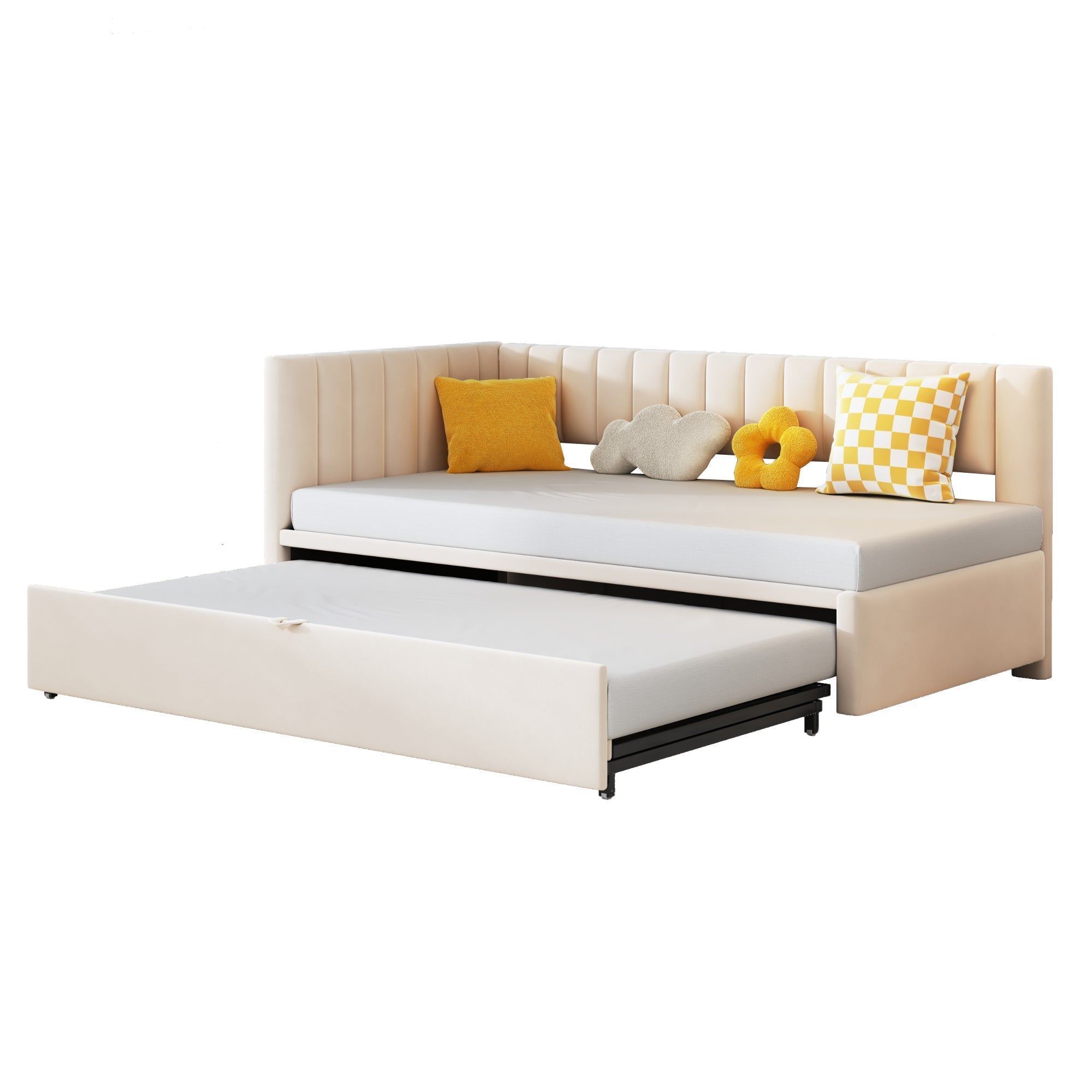 Logidon sofa bed L-shape beige velvet pull-out bed 90/180x200
