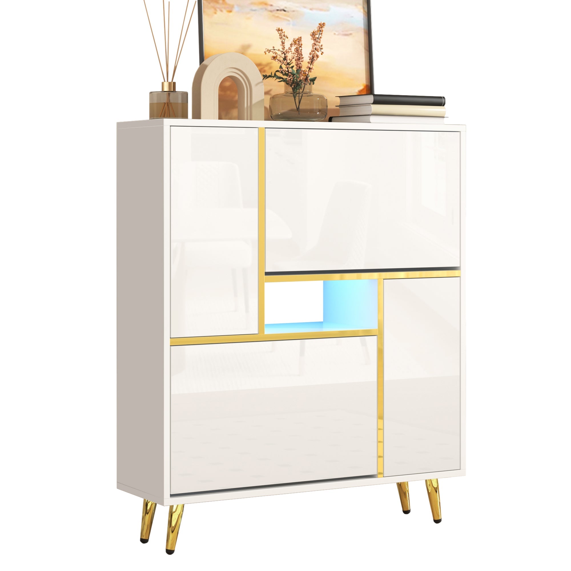 Logidon Moderne Schoenenkast Wit met Hoogglans Front en LED Licht 80x25x96 Cm