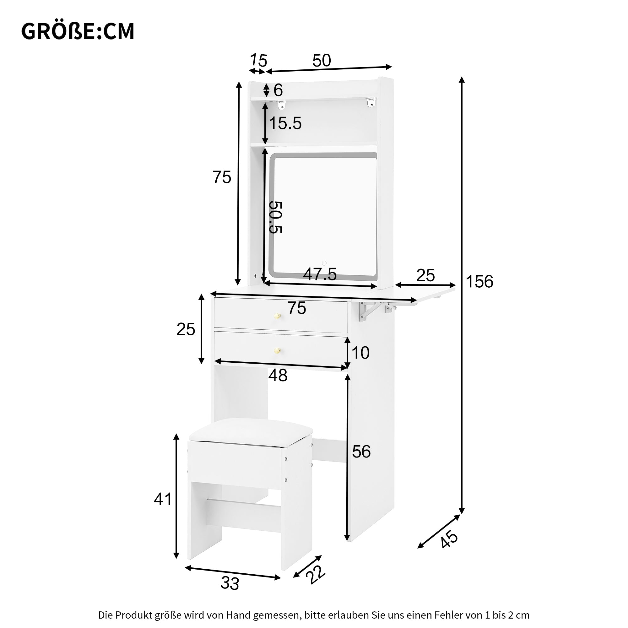 Logidon Kaptafel Verstelbaar LED-verlichting Wit 75×156×45 cm