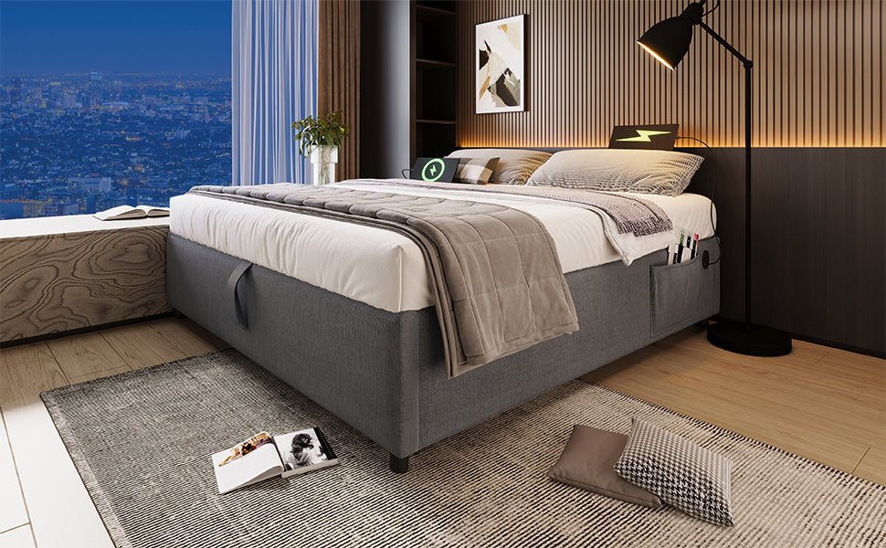 Logidon upholstered bed double bed 140x200 cm with USB C storage space gray